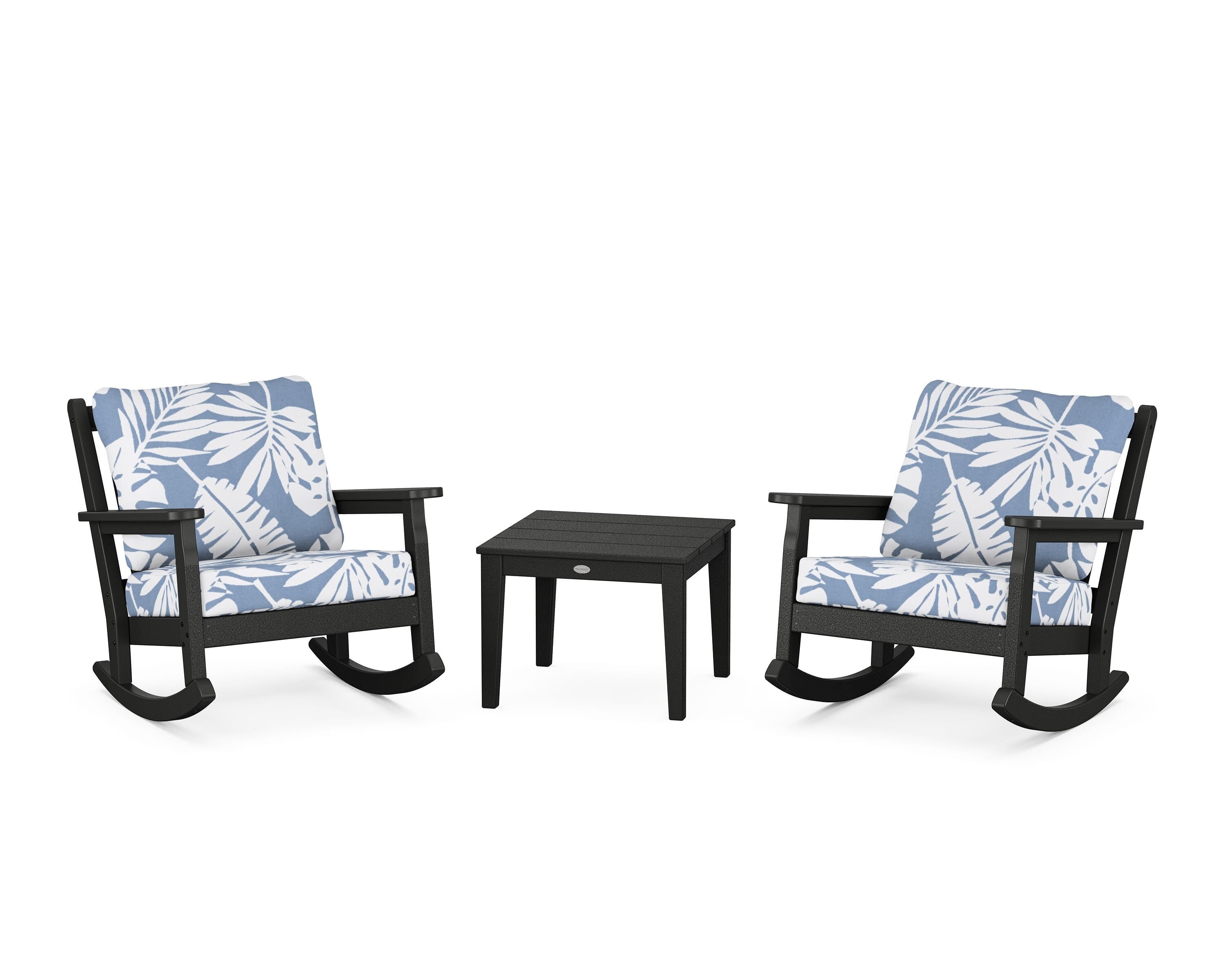 POLYWOOD Chippendale 3-Piece Deep Seating Rocker Set in Black / Leaf Sky Blue