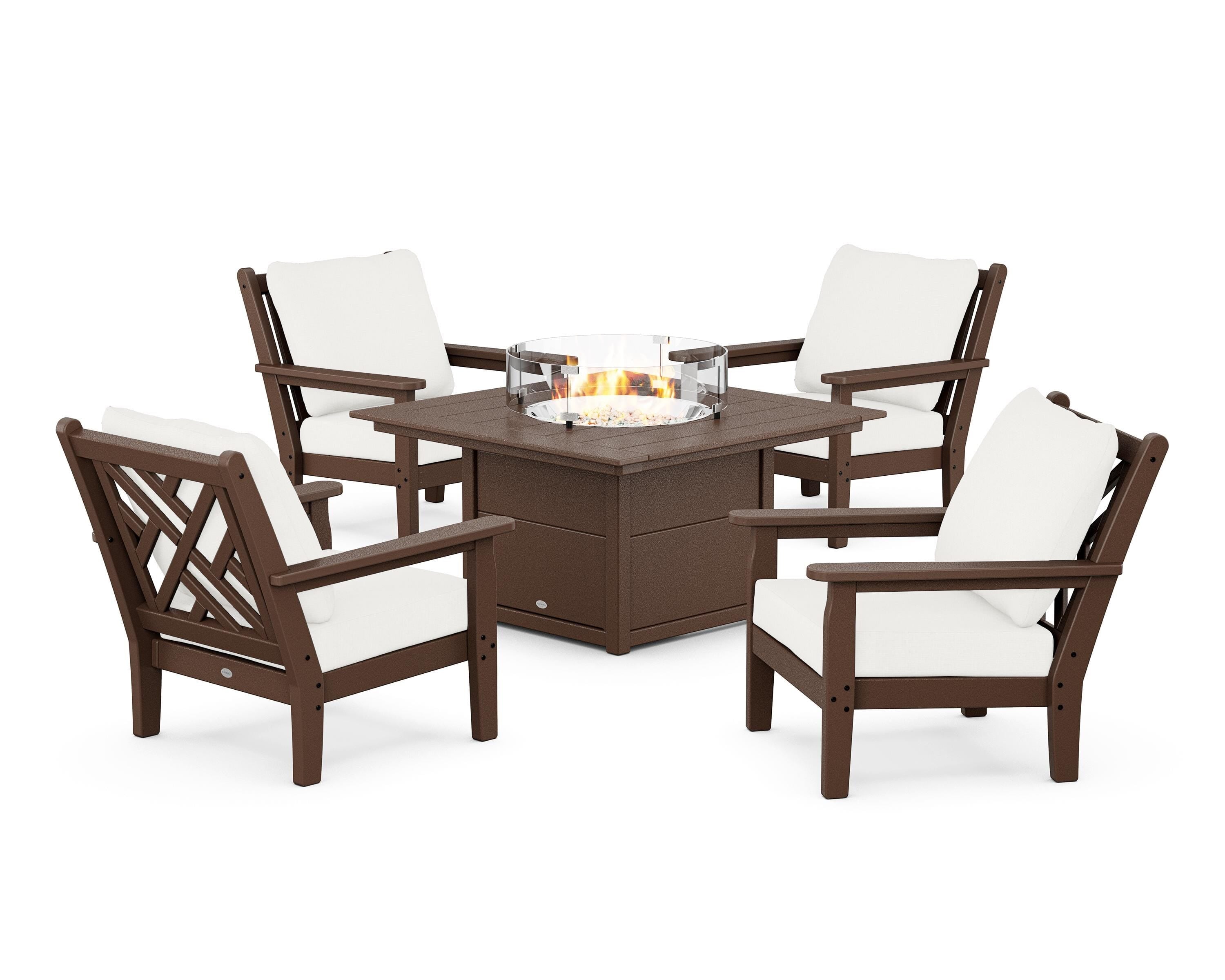 POLYWOOD Chippendale 5-Piece Deep Seating Set with Fire Pit Table in Mahogany / Natural Linen