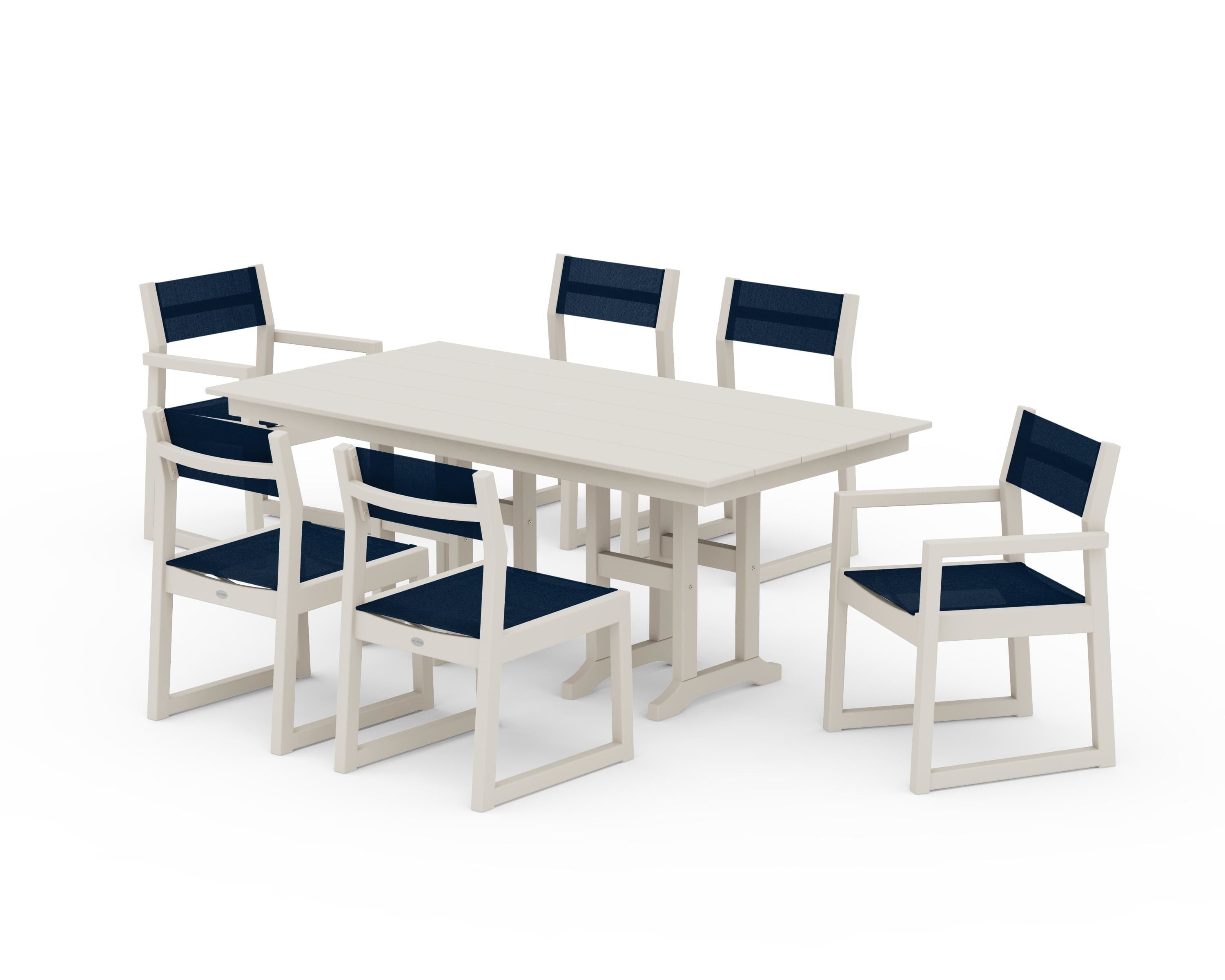 POLYWOOD EDGE Sling 7-Piece Farmhouse Dining Set in Sand / Navy Blue Sling