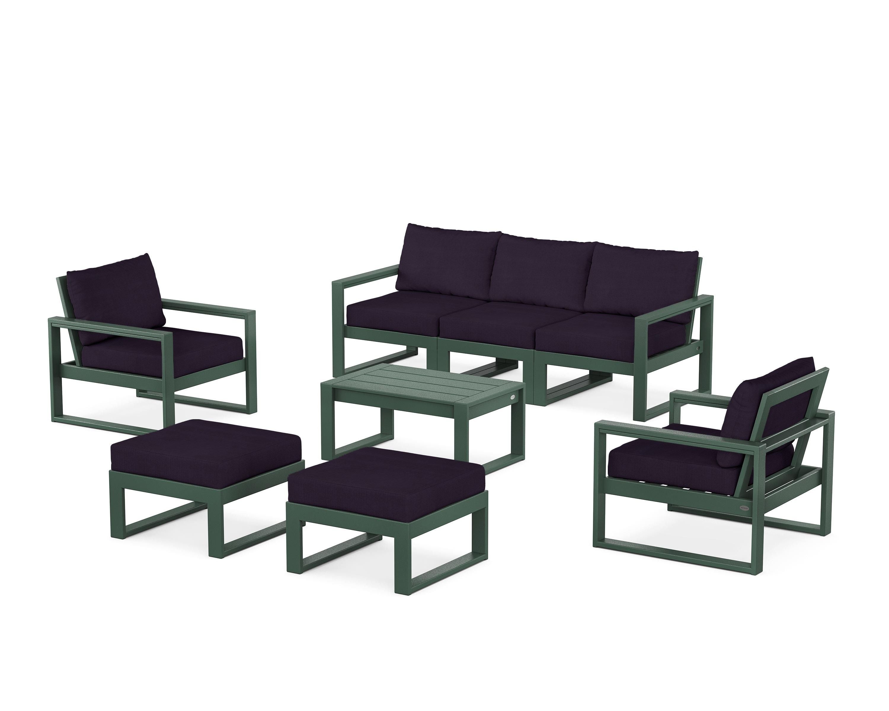 POLYWOOD EDGE Sectional 8-Piece Lounge Sofa Set in Green / Navy Linen
