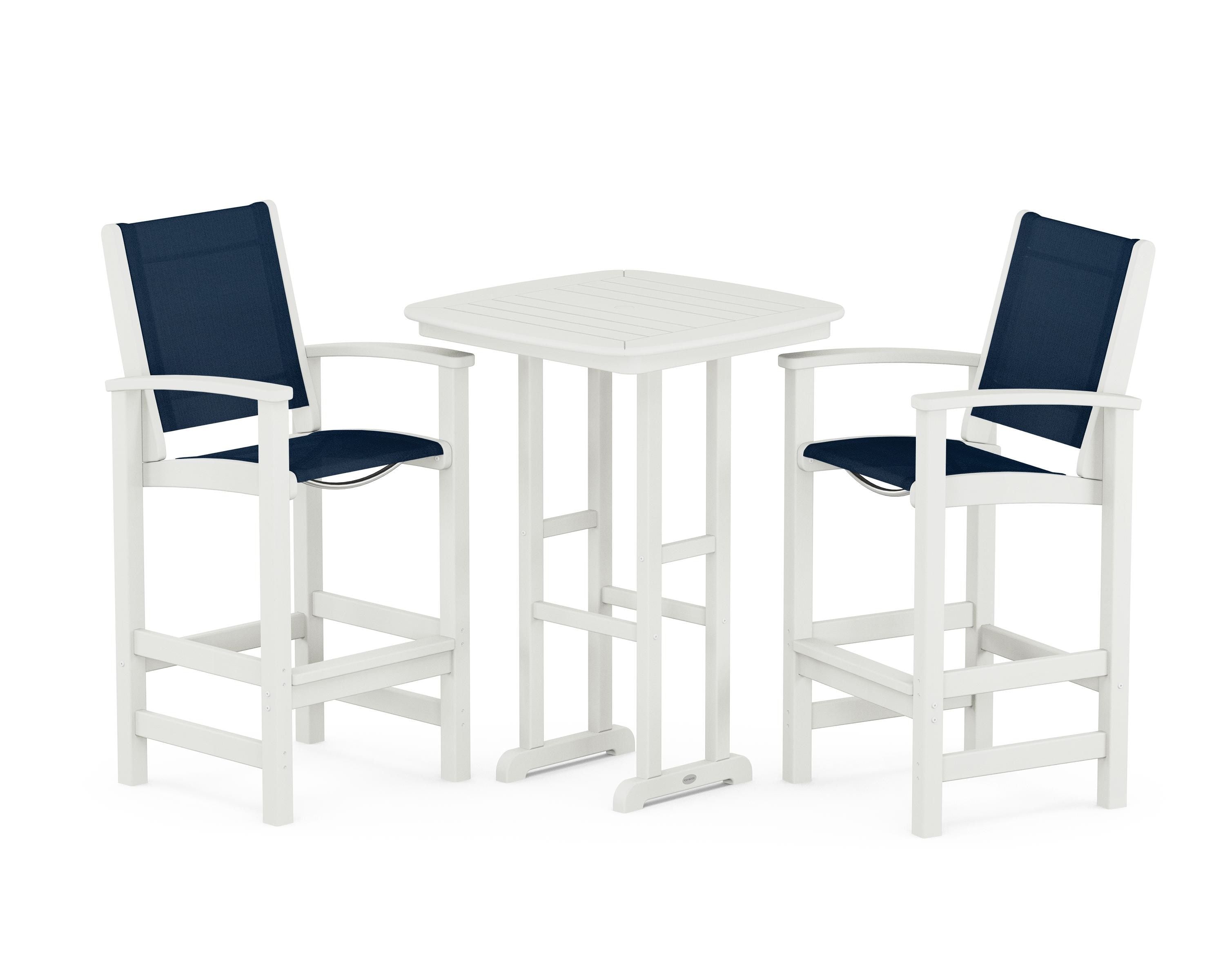 POLYWOOD Coastal 3-Piece Bar Set in Vintage White / Navy Blue Sling