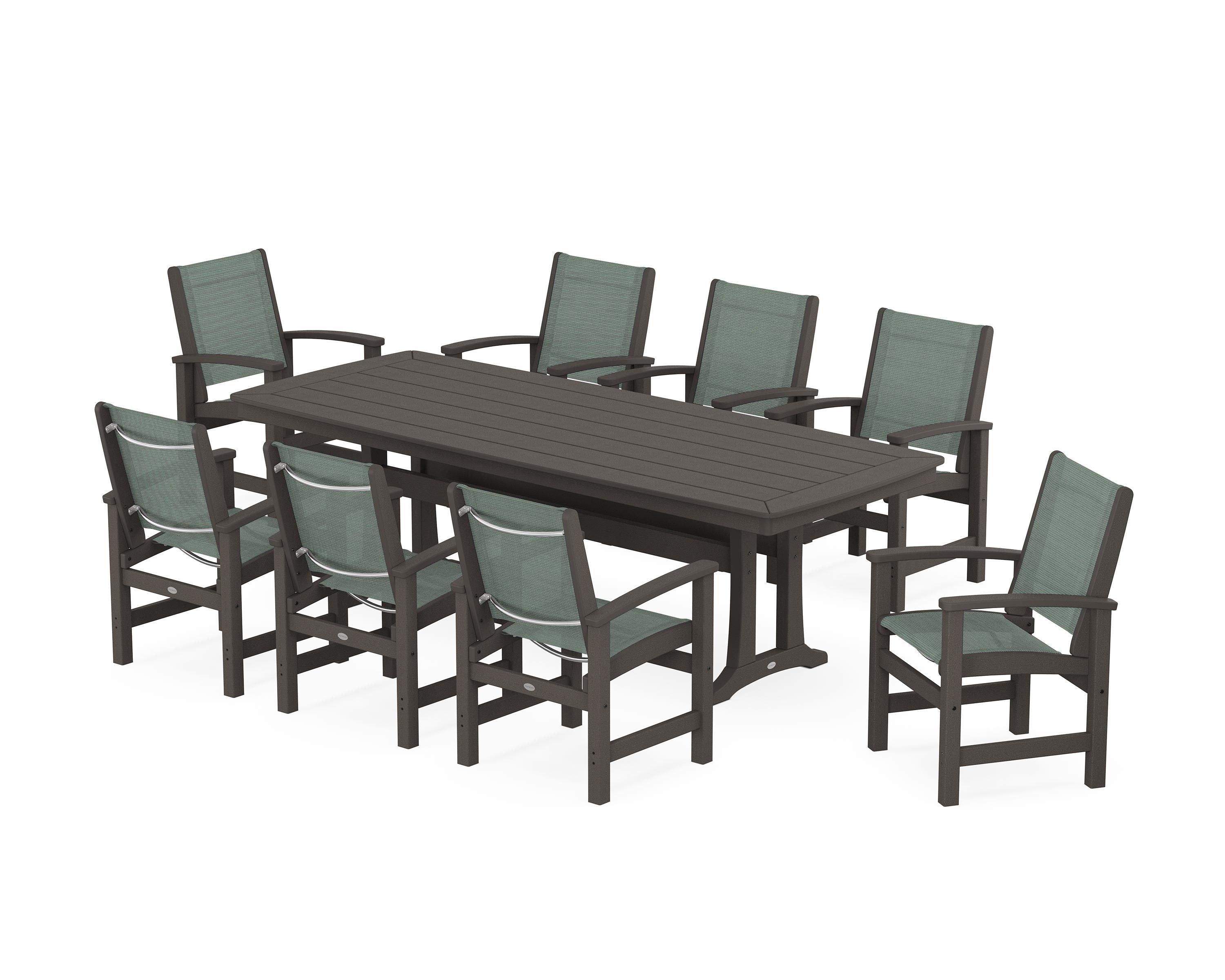 POLYWOOD Coastal 9-Piece Dining Set with Trestle Legs in Vintage Coffee / Dupioni Sea Mist Sling