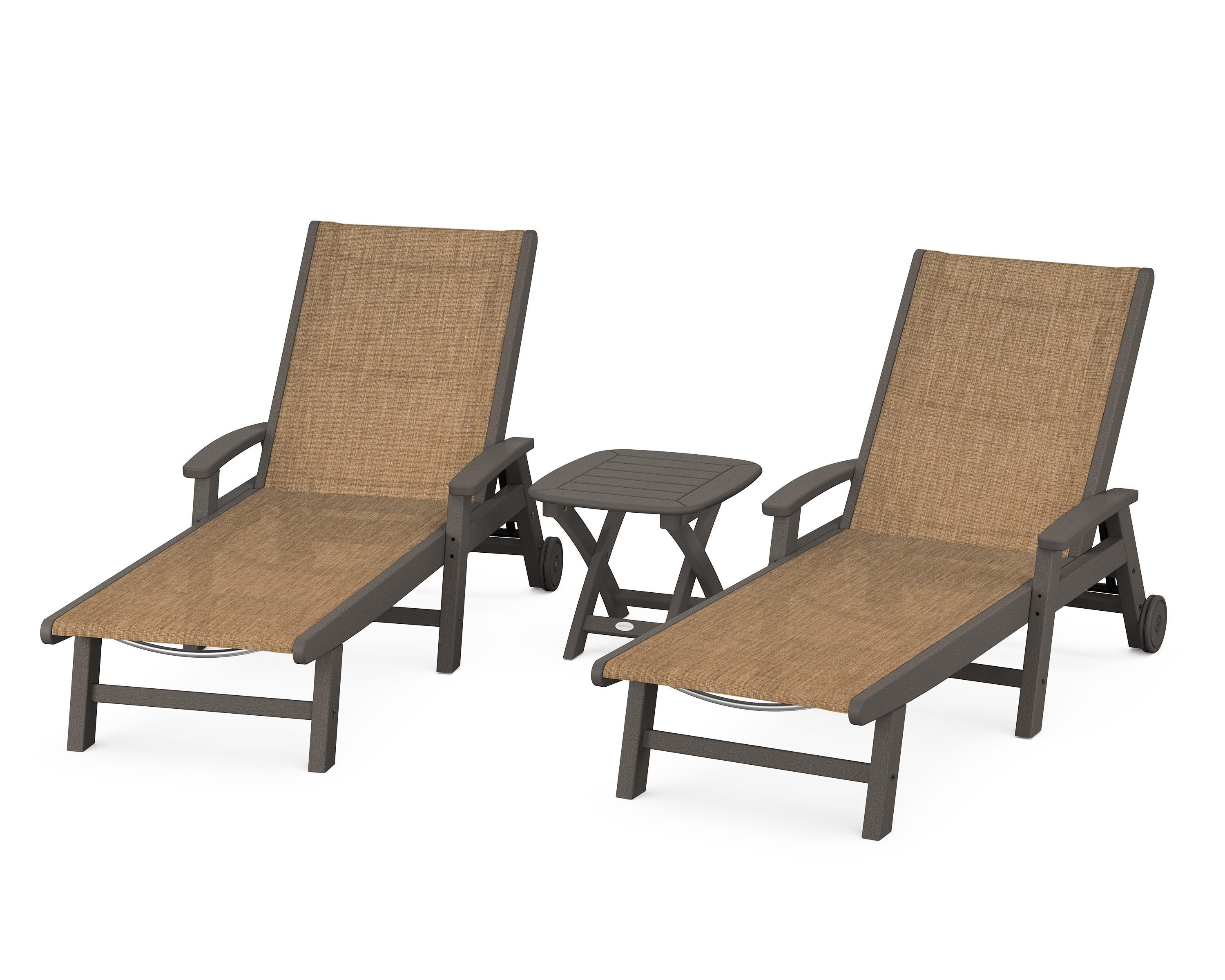 POLYWOOD Coastal 3-Piece Wheeled Chaise Set in Vintage Coffee / Burlap Sling