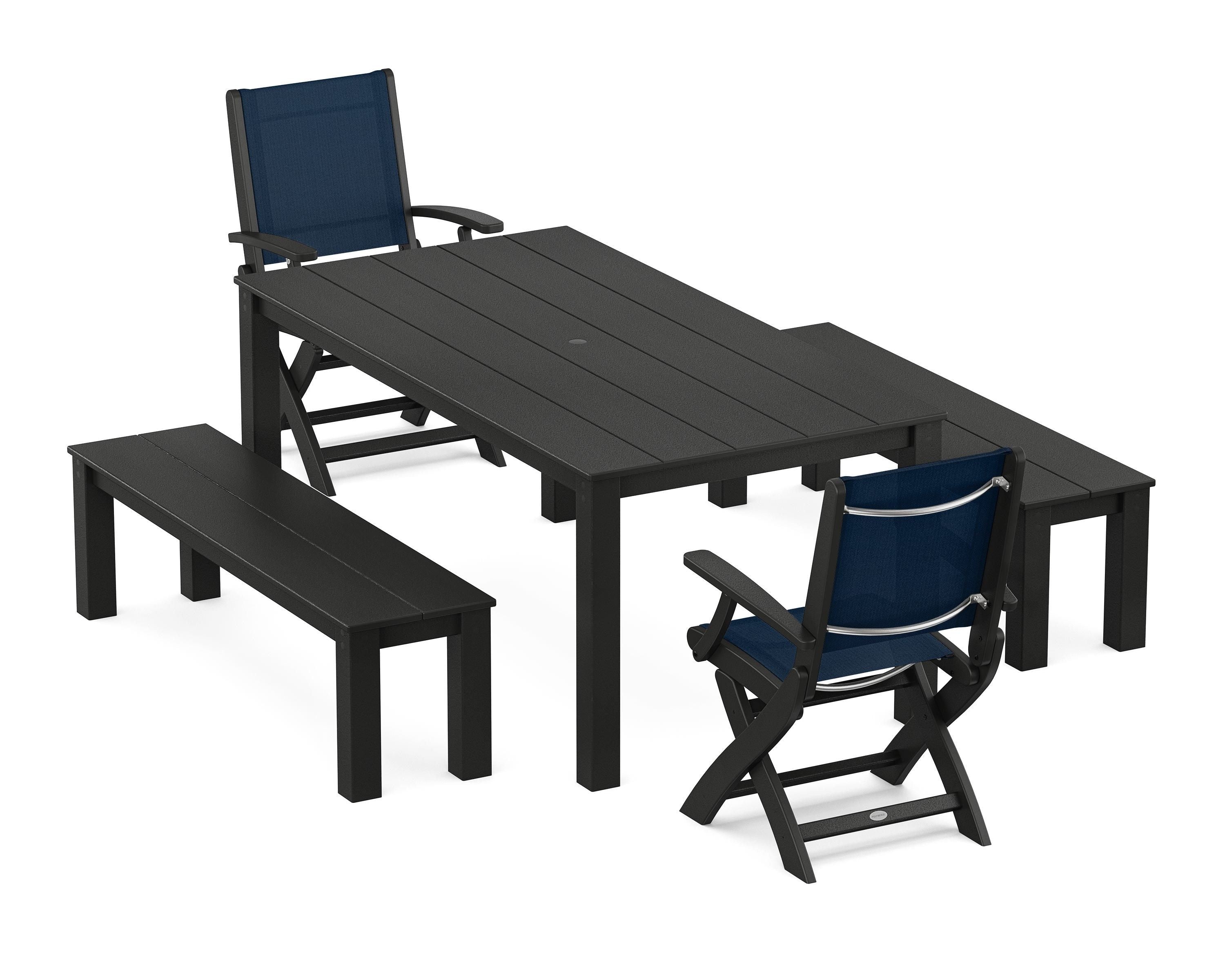 POLYWOOD Coastal Folding Chair 5-Piece Parsons Dining Set with Benches in Black / Navy Blue Sling