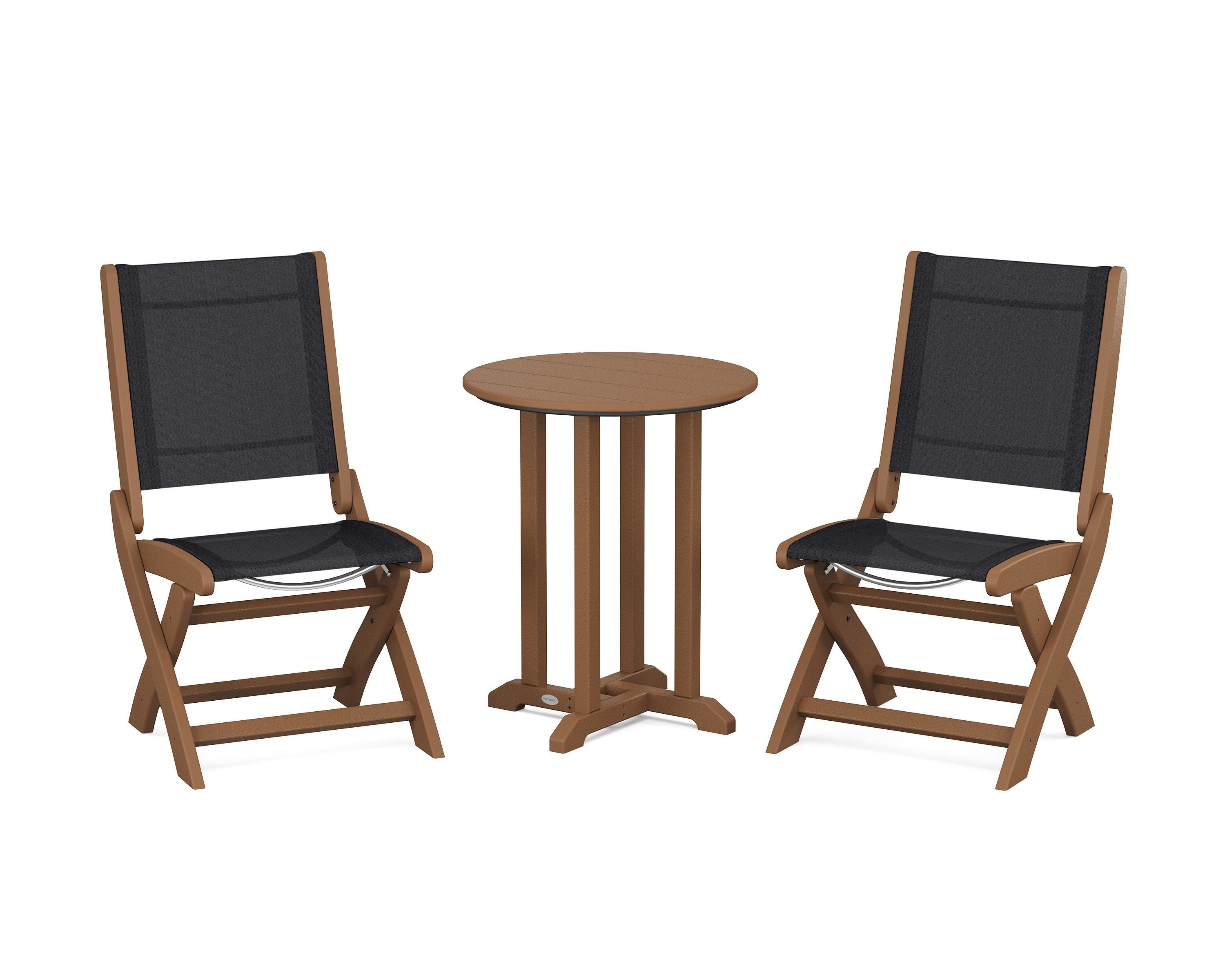 POLYWOOD Coastal Folding Side Chair 3-Piece Round Bistro Dining Set in Teak / Black Sling
