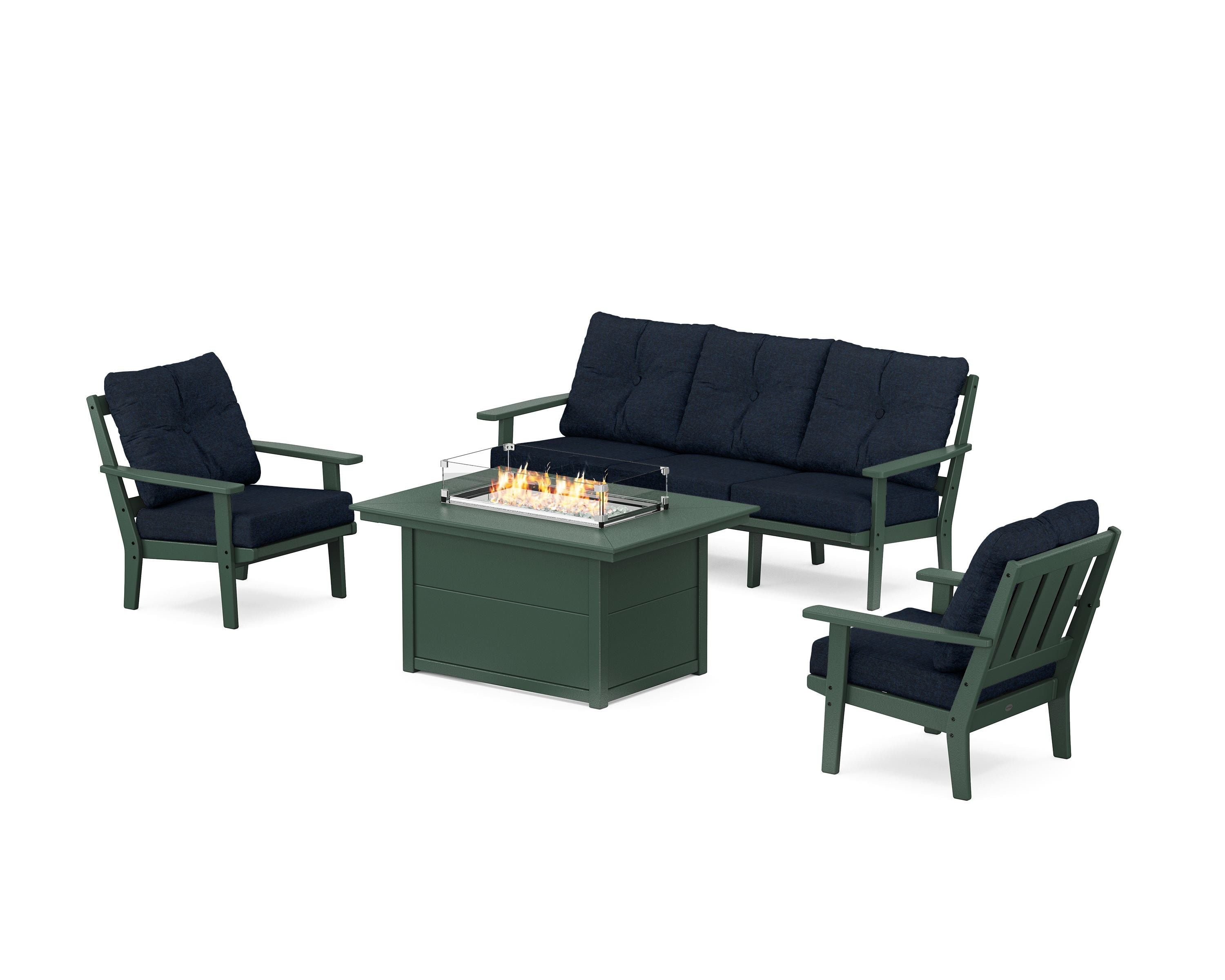 POLYWOOD Oxford Deep Seating Fire Pit Table Set in Green / Marine Indigo