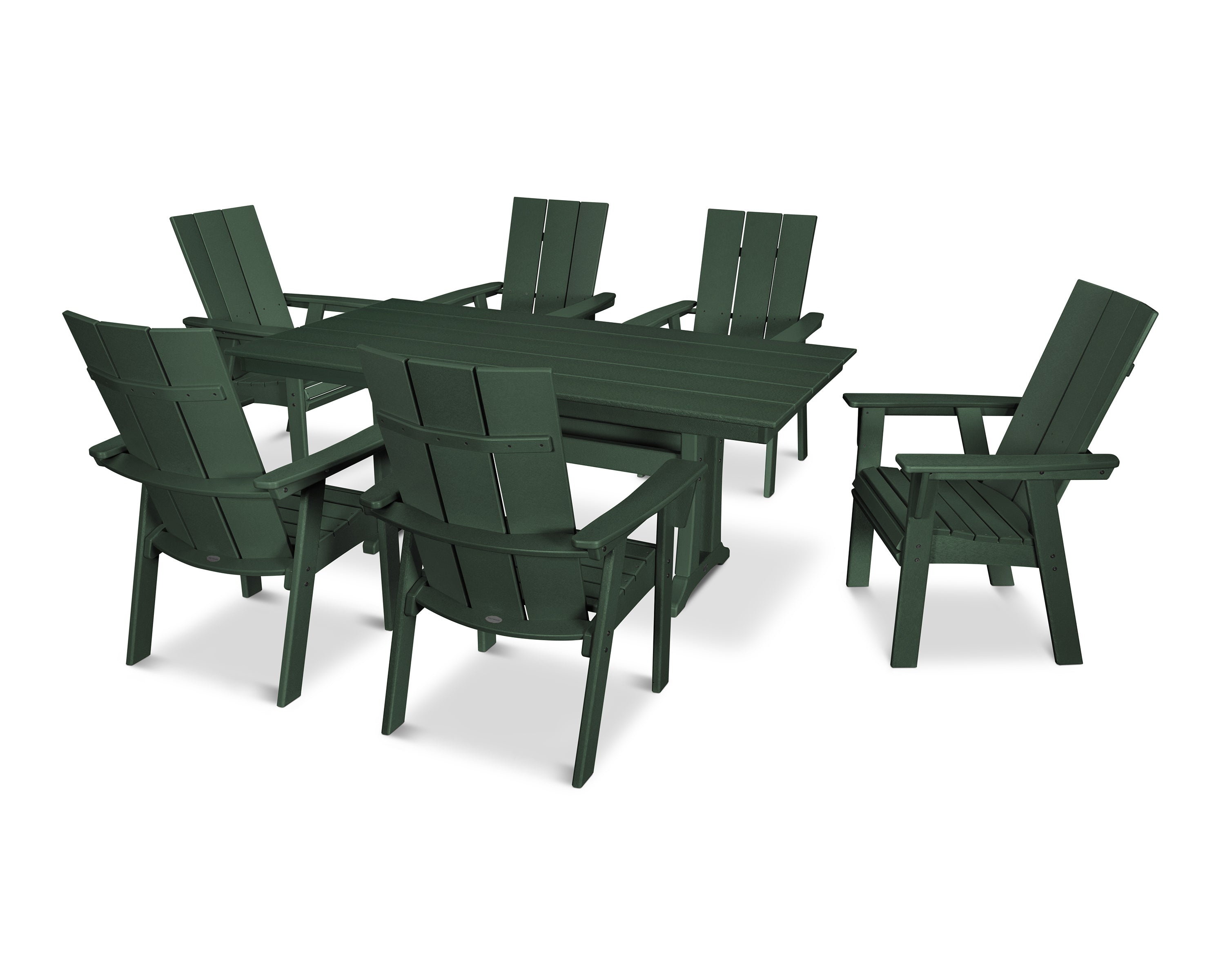 POLYWOOD® Modern Curveback Adirondack 7-Piece Farmhouse Dining Set with Trestle Legs in Green