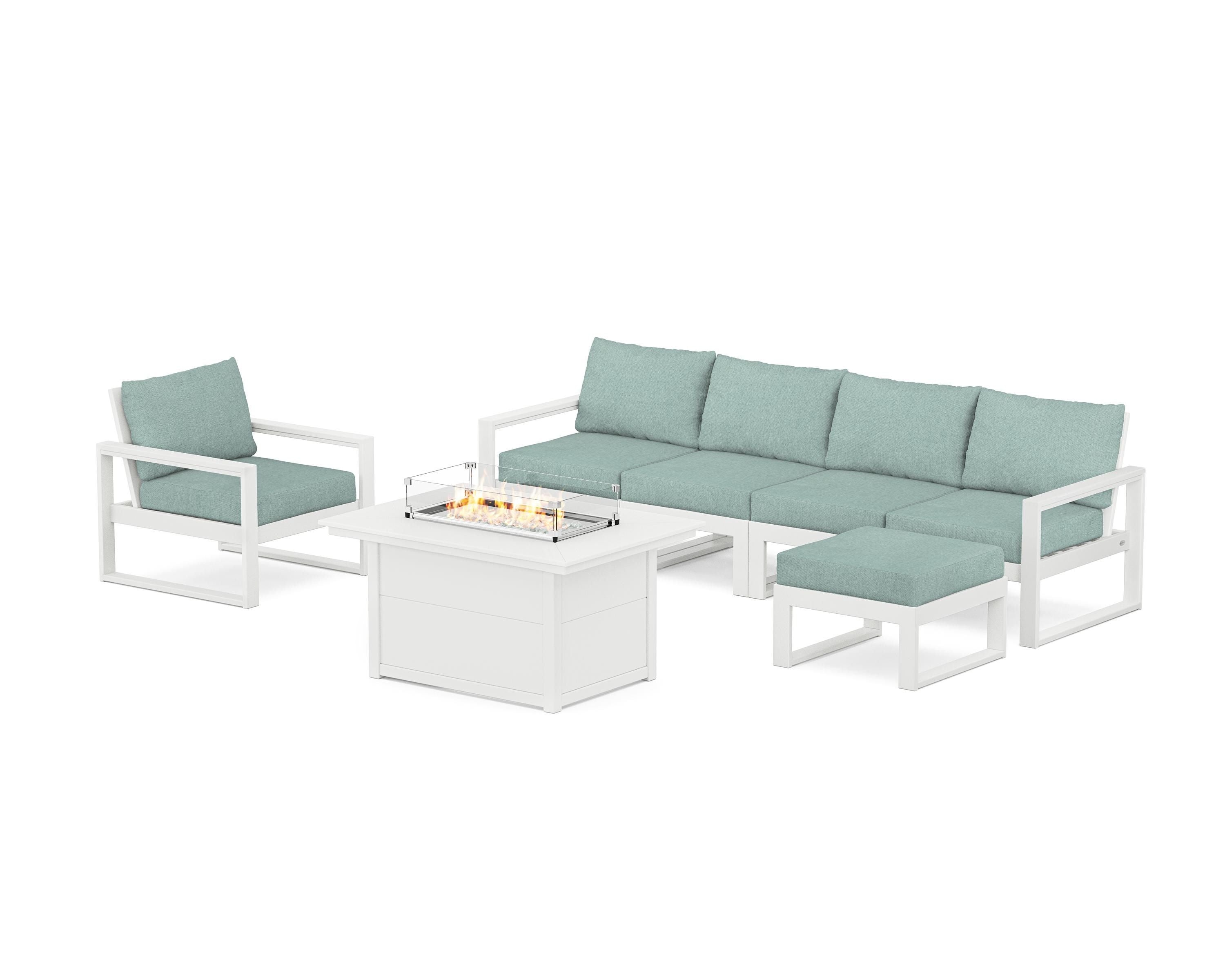 POLYWOOD EDGE Sectional Lounge and Fire Pit Set in White / Glacier Spa