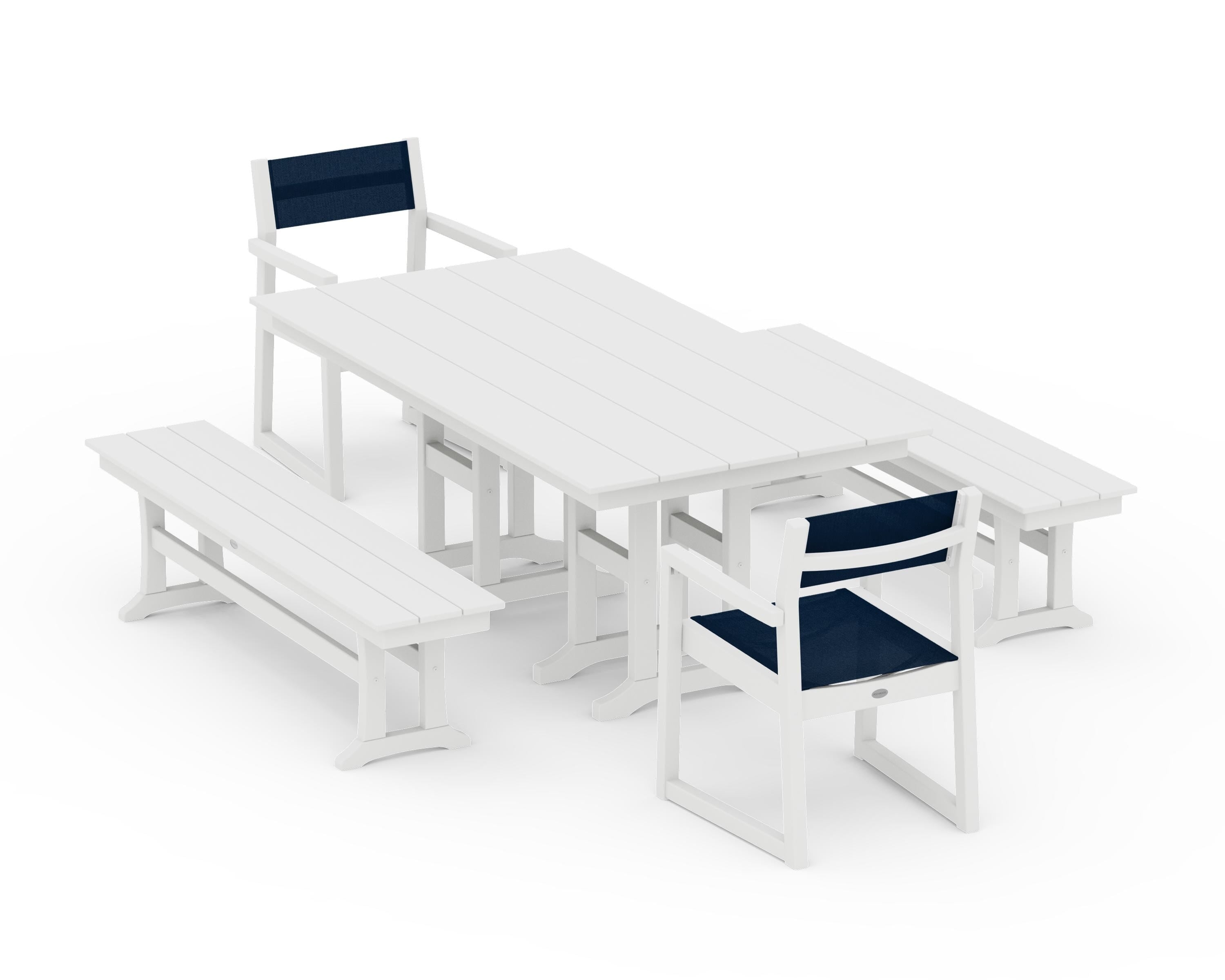 POLYWOOD EDGE Sling Arm Chair 5-Piece Farmhouse Dining Set with Benches in White / Navy Blue Sling