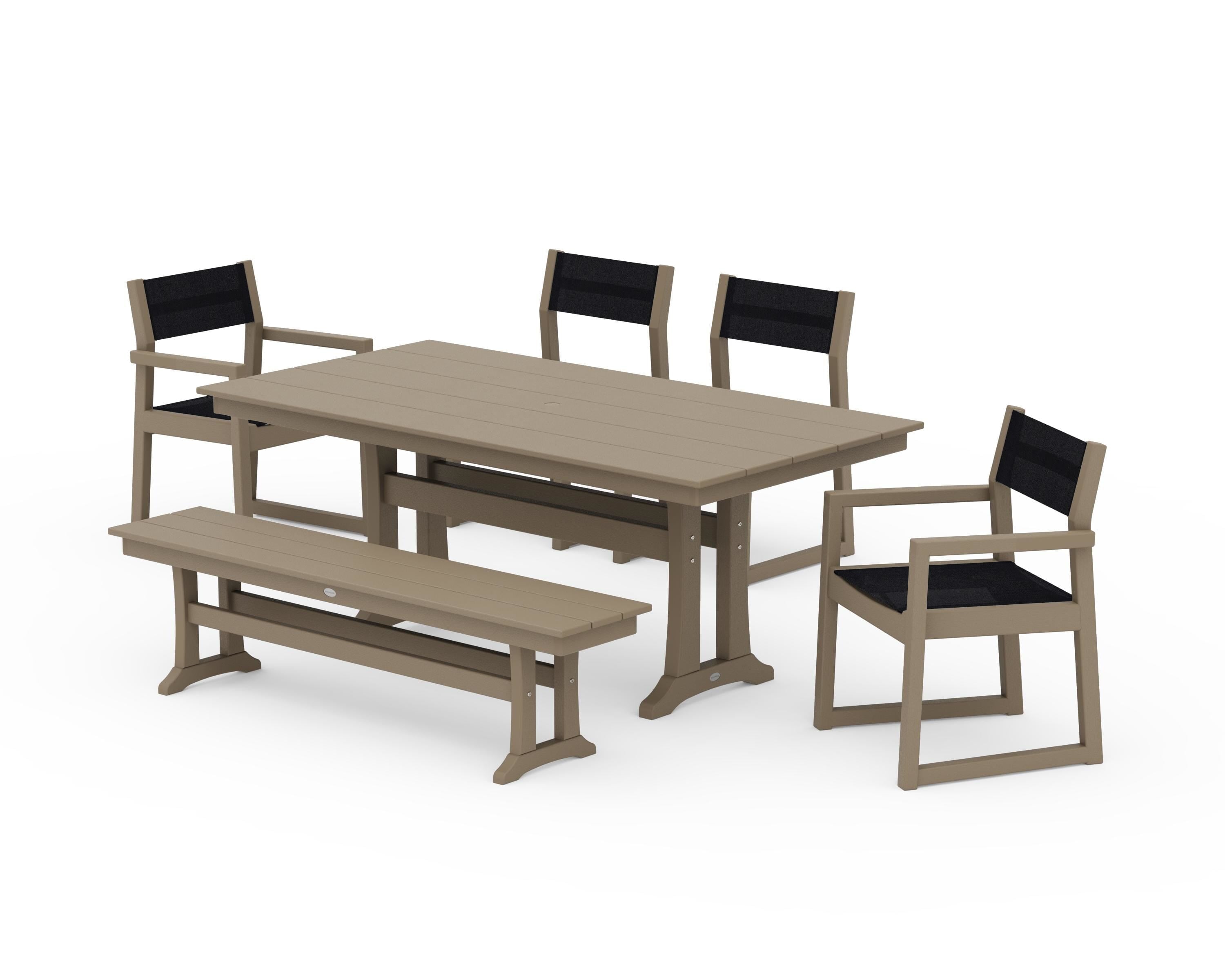 POLYWOOD EDGE Sling 6-Piece Farmhouse Dining Set With Trestle Legs in Vintage Sahara / Black Sling
