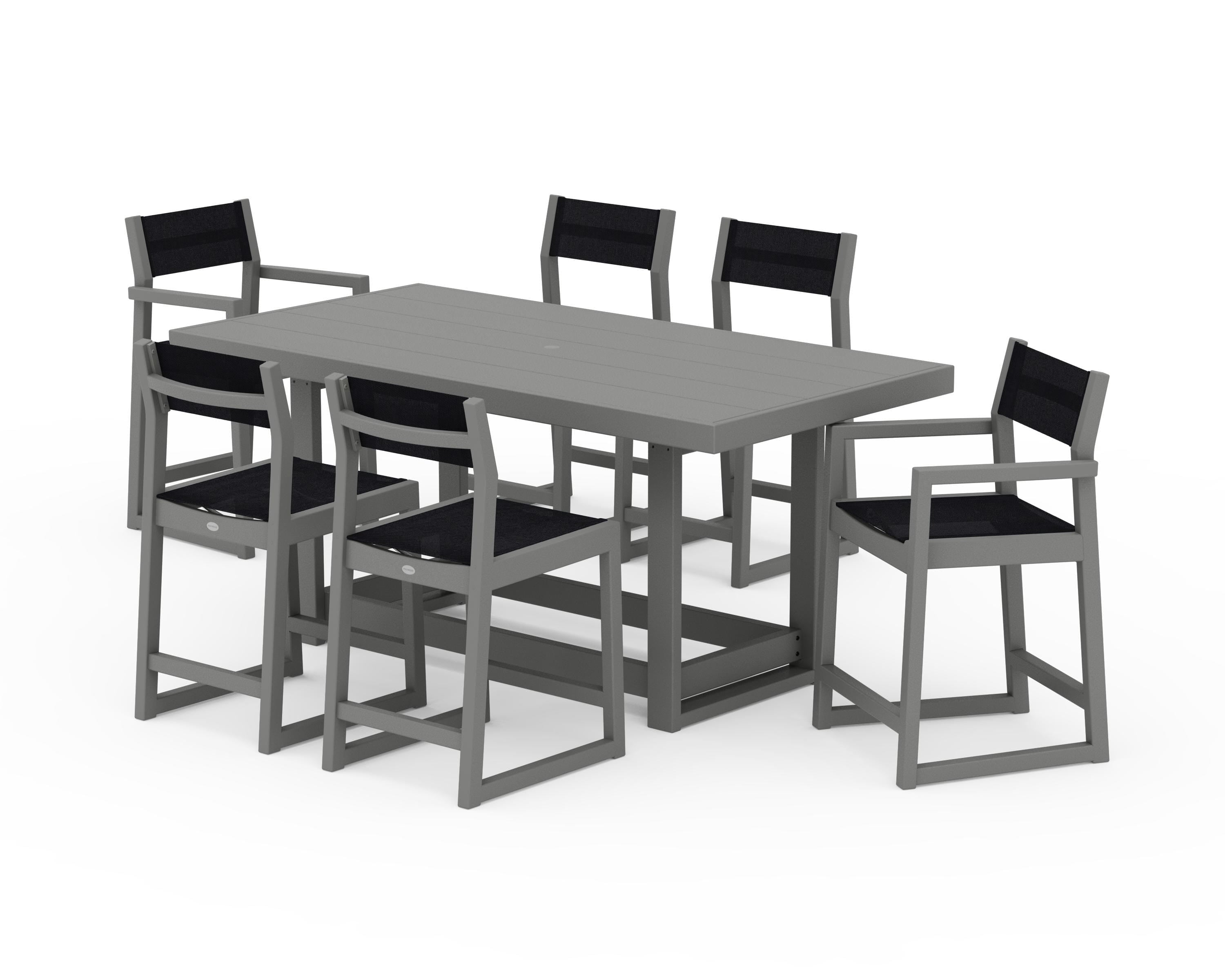 POLYWOOD EDGE Sling 7-Piece Counter Table Set in Slate Grey / Black Sling