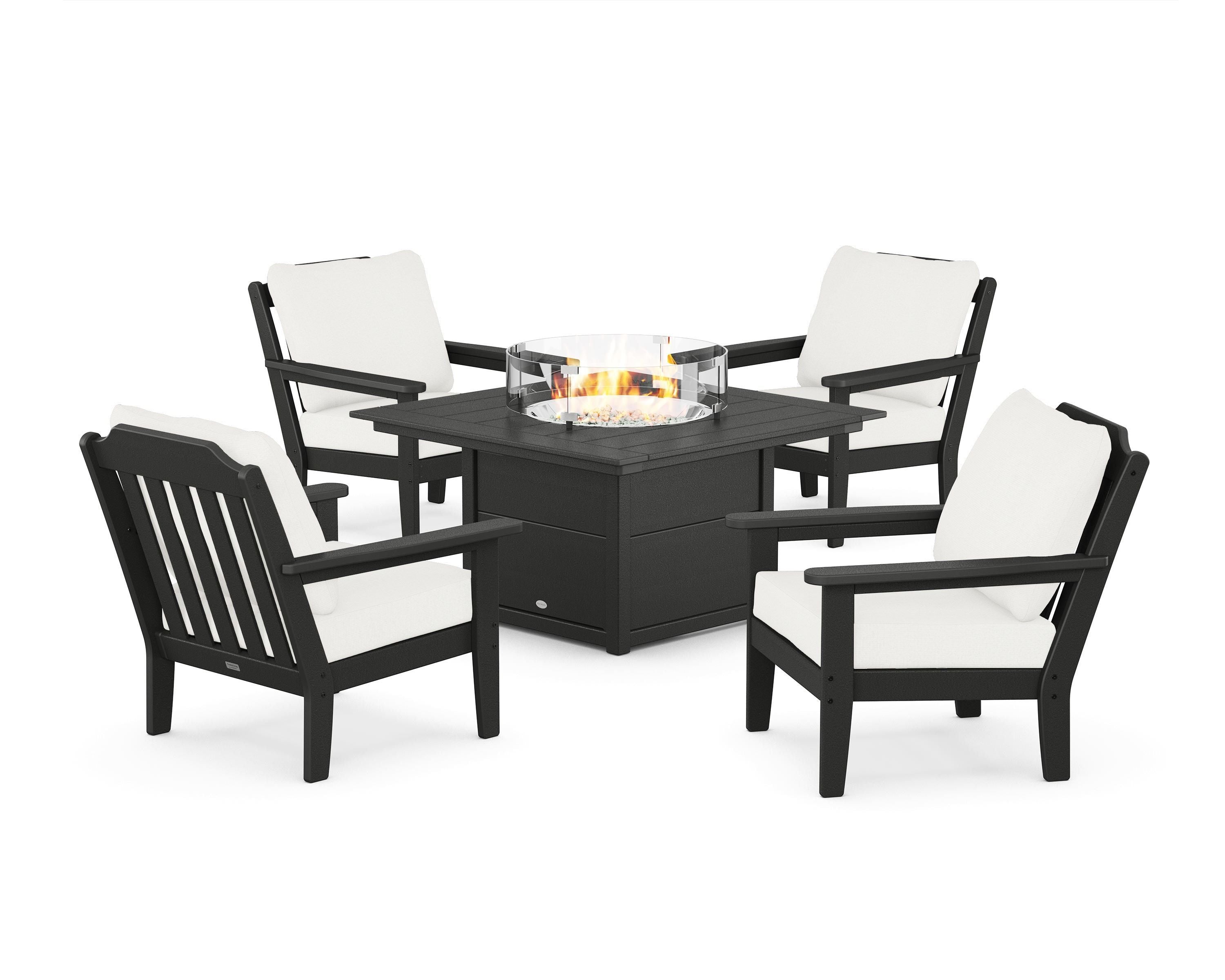 Country Living Cottage 5-Piece Deep Seating Set with Fire Pit Table in Black / Natural Linen