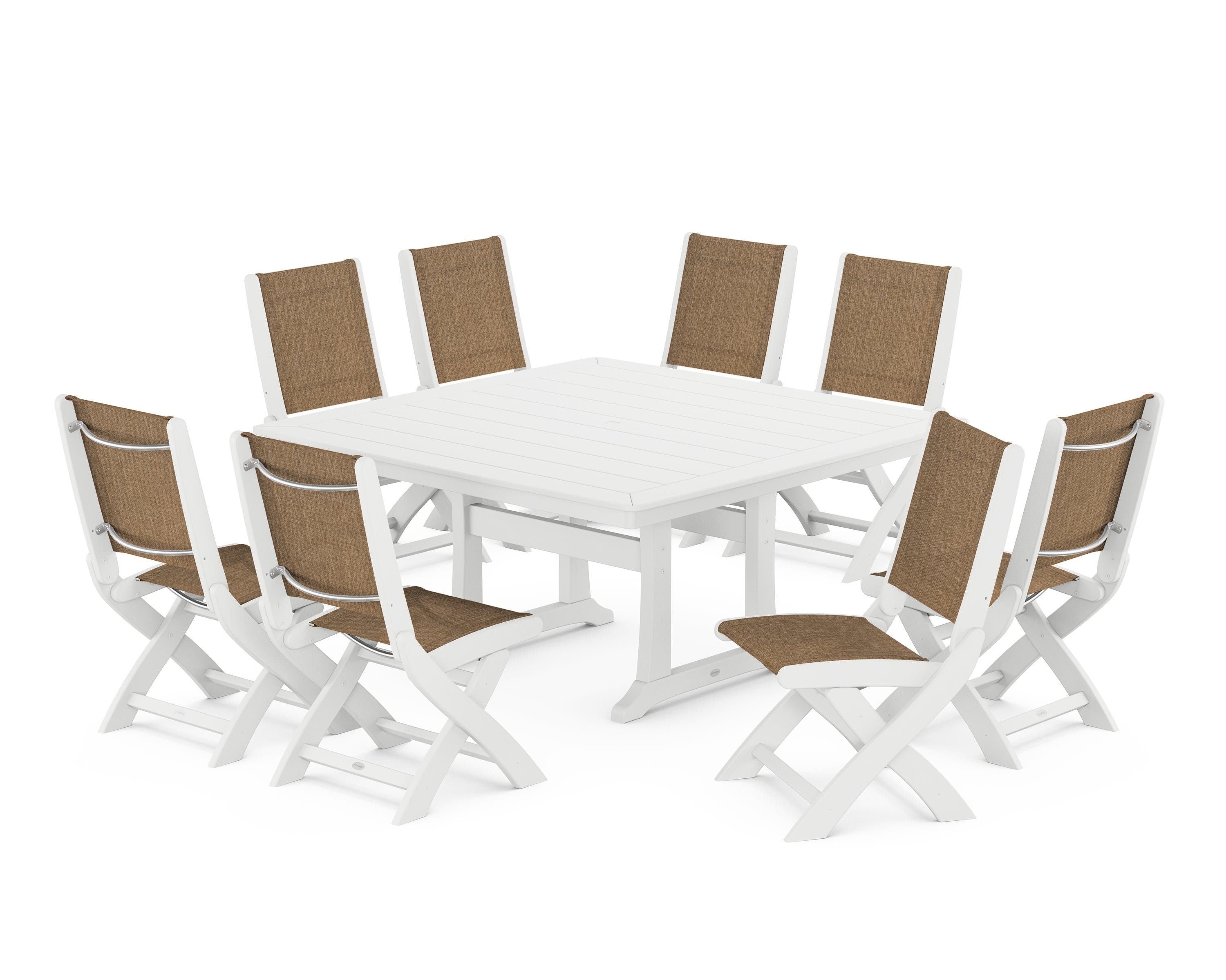 POLYWOOD Coastal Folding Side Chair 9-Piece Dining Set with Trestle Legs in White / Burlap Sling