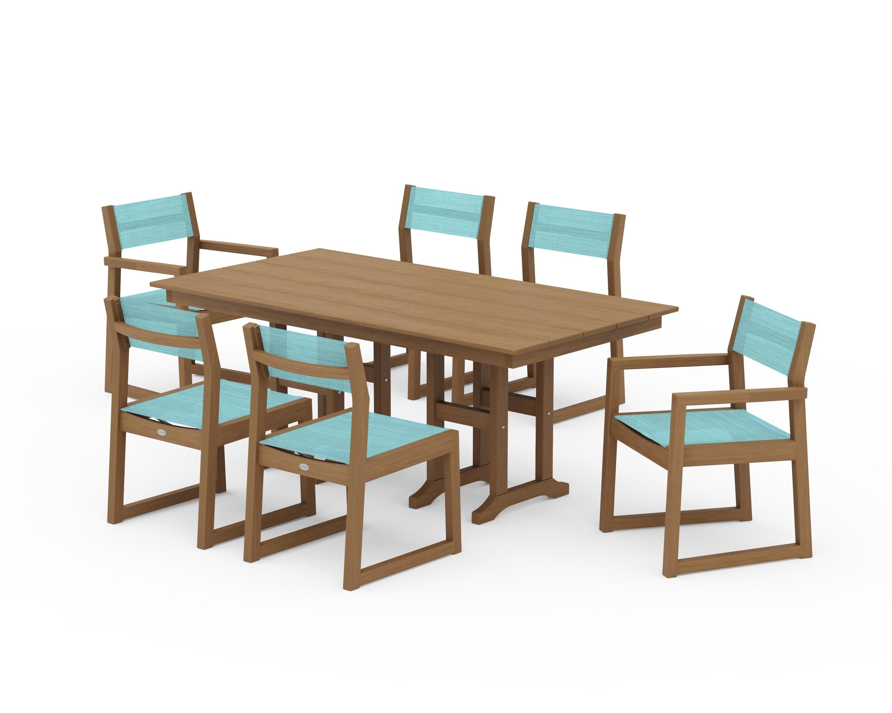 POLYWOOD EDGE Sling 7-Piece Farmhouse Dining Set in Natural / Dupioni Aquamarine Sling