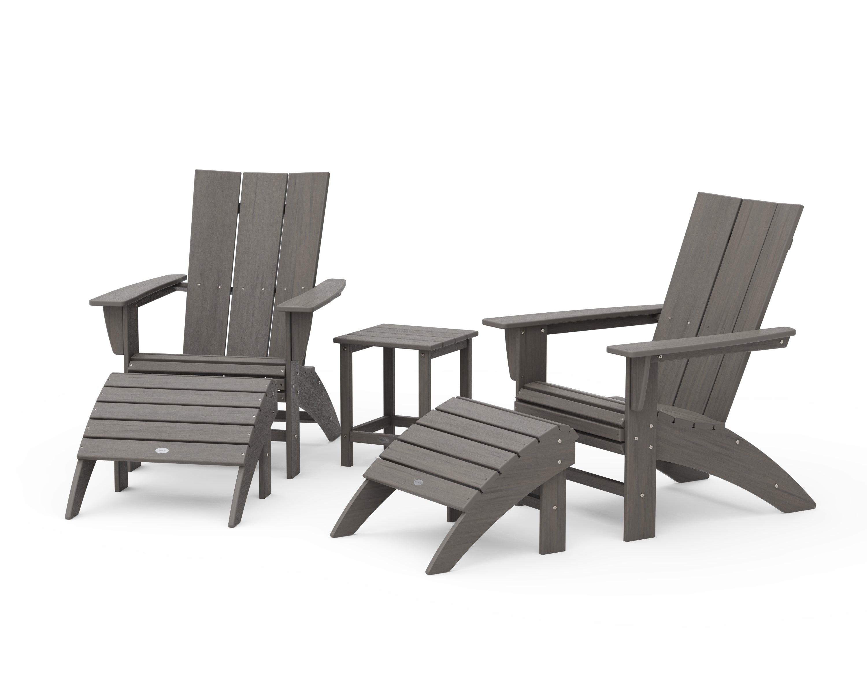 POLYWOOD Modern Curveback Adirondack Chair 5-Piece Set with Ottomans and 18" Side Table in Driftwood