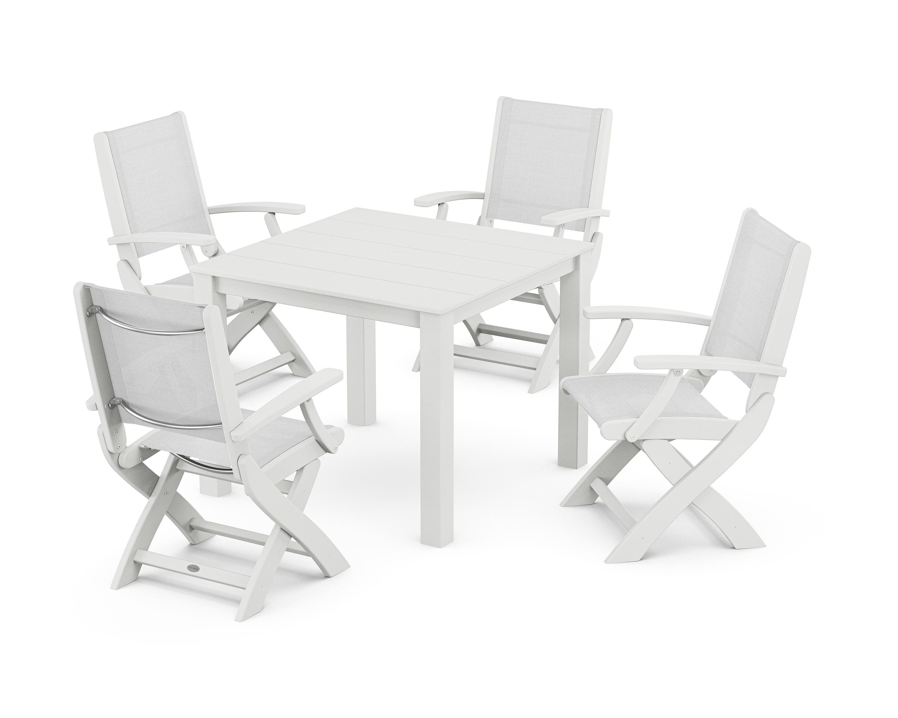 POLYWOOD Coastal Folding Chair 5-Piece Parsons Dining Set in White / White Sling