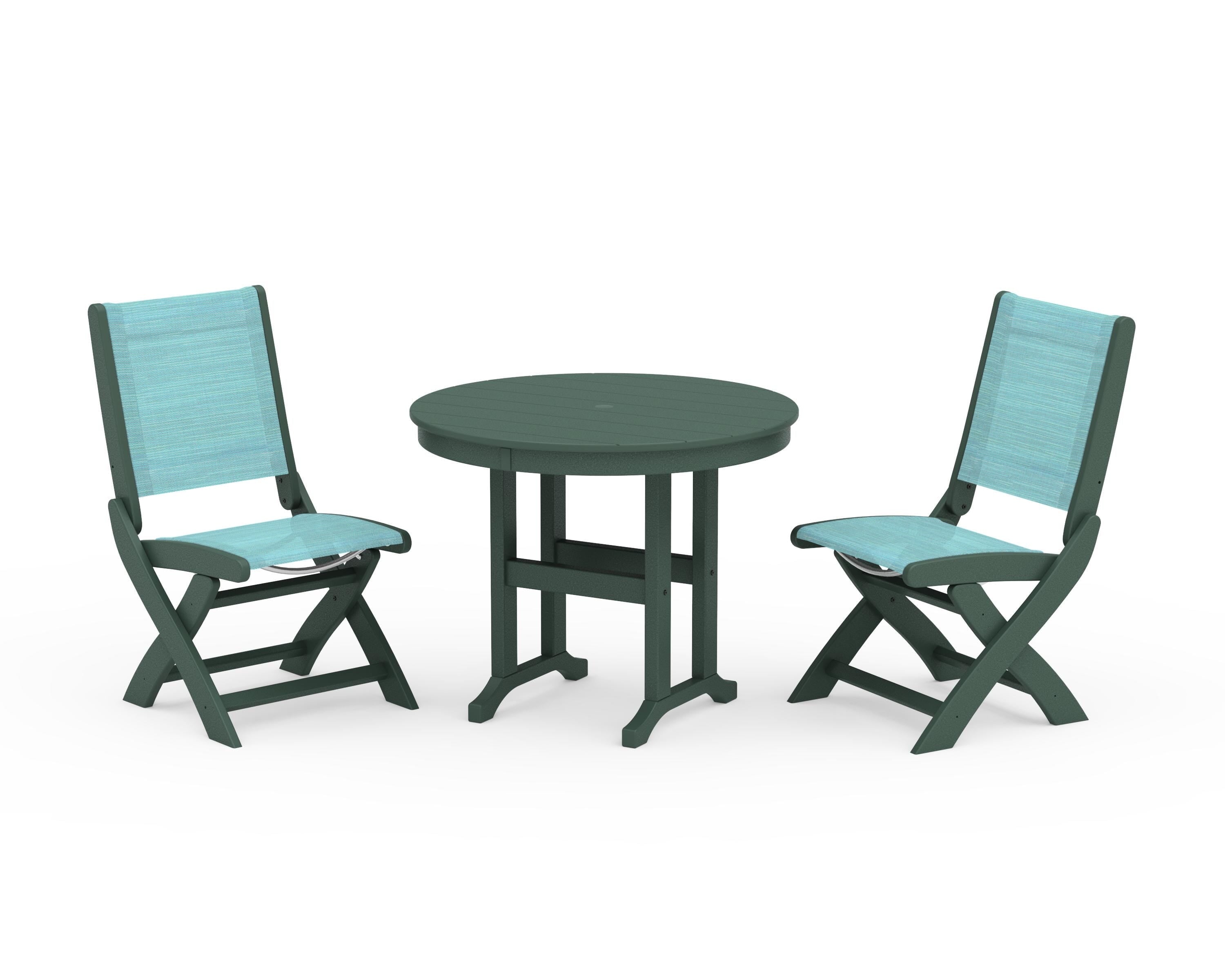 POLYWOOD Coastal Folding Side Chair 3-Piece Round Dining Set in Green / Dupioni Aquamarine Sling