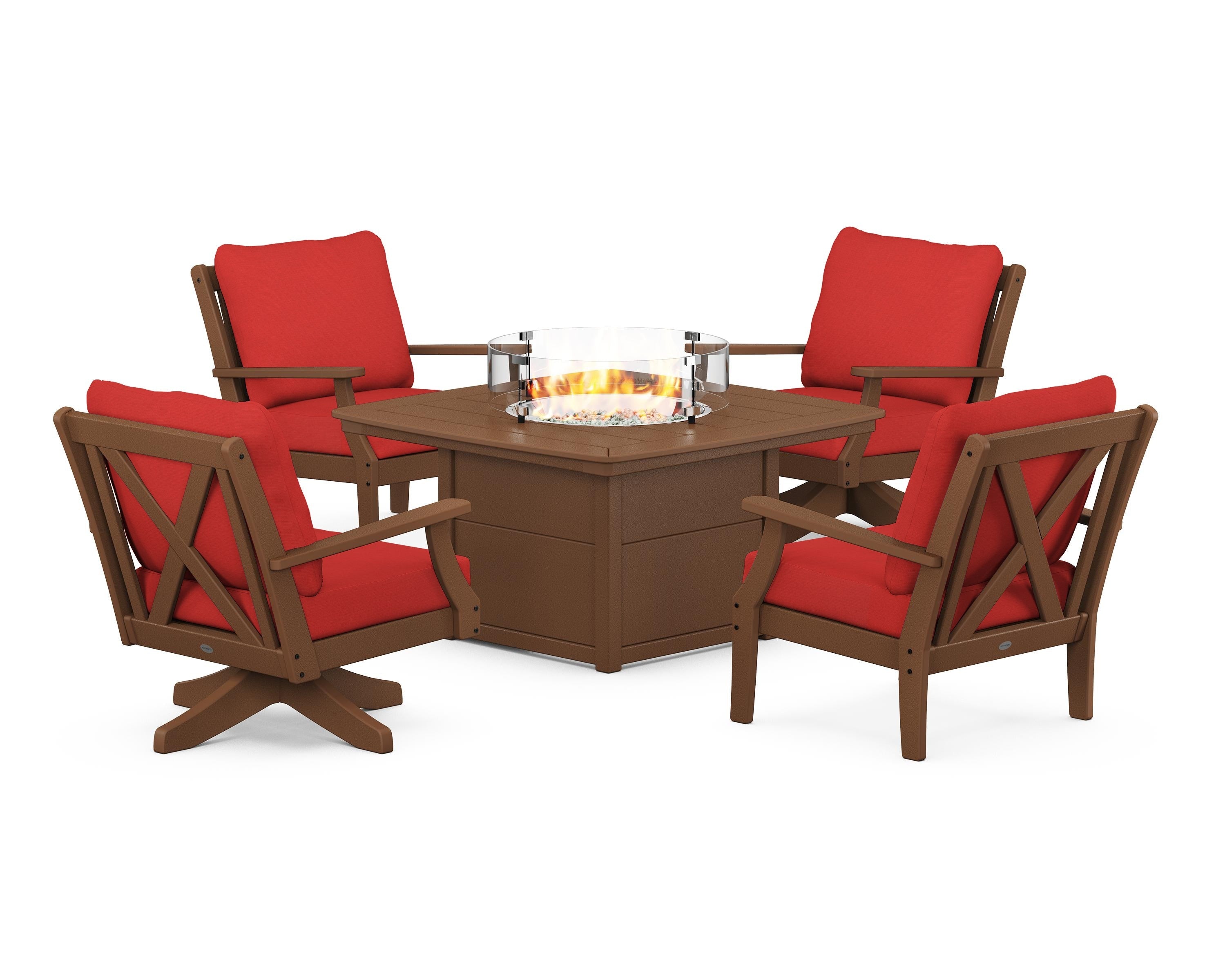 POLYWOOD Braxton 5-Piece Deep Seating Set with Fire Table in Teak / Crimson Linen