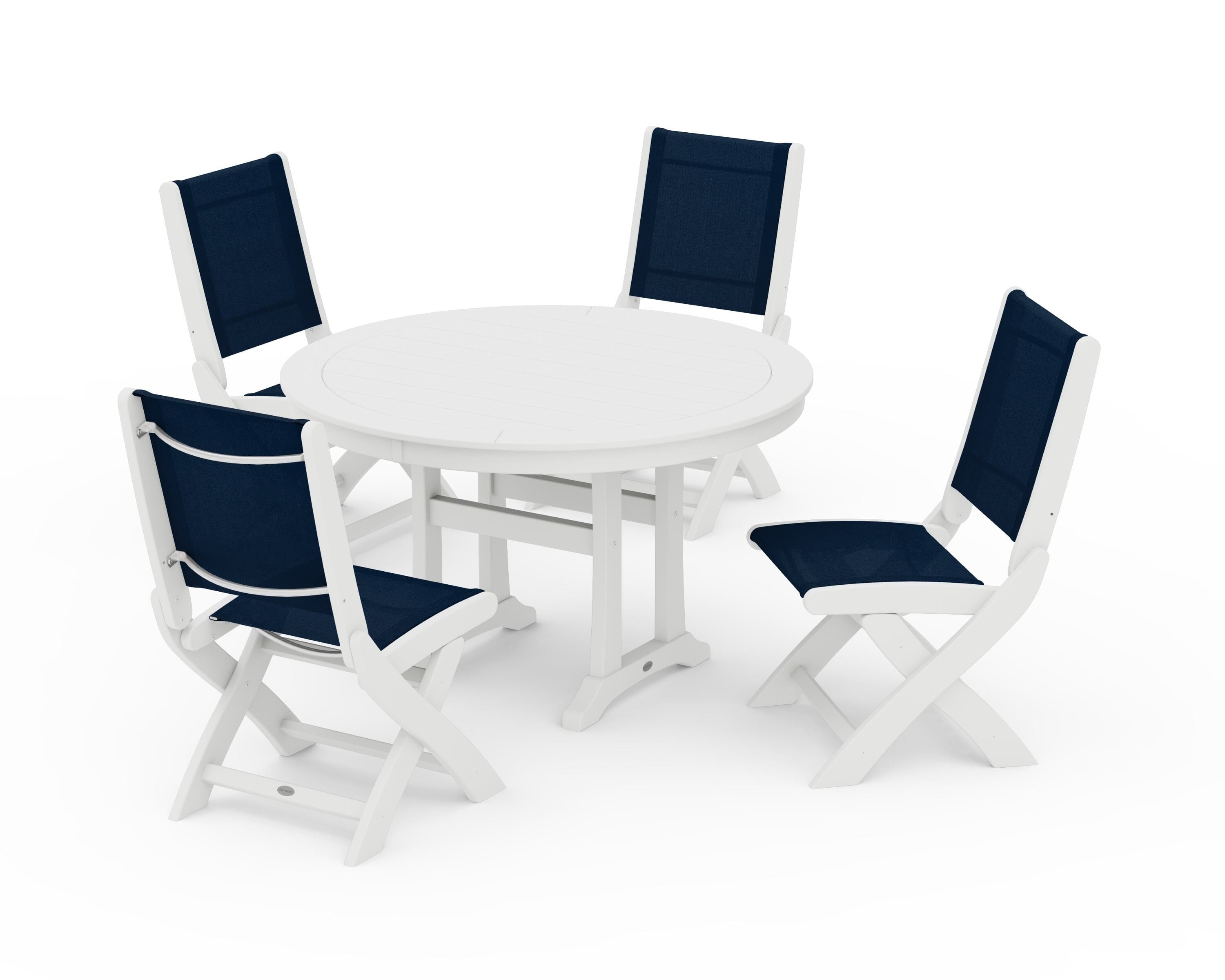 POLYWOOD Coastal Folding Side Chair 5-Piece Round Dining Set With Trestle Legs in White / Navy Blue Sling