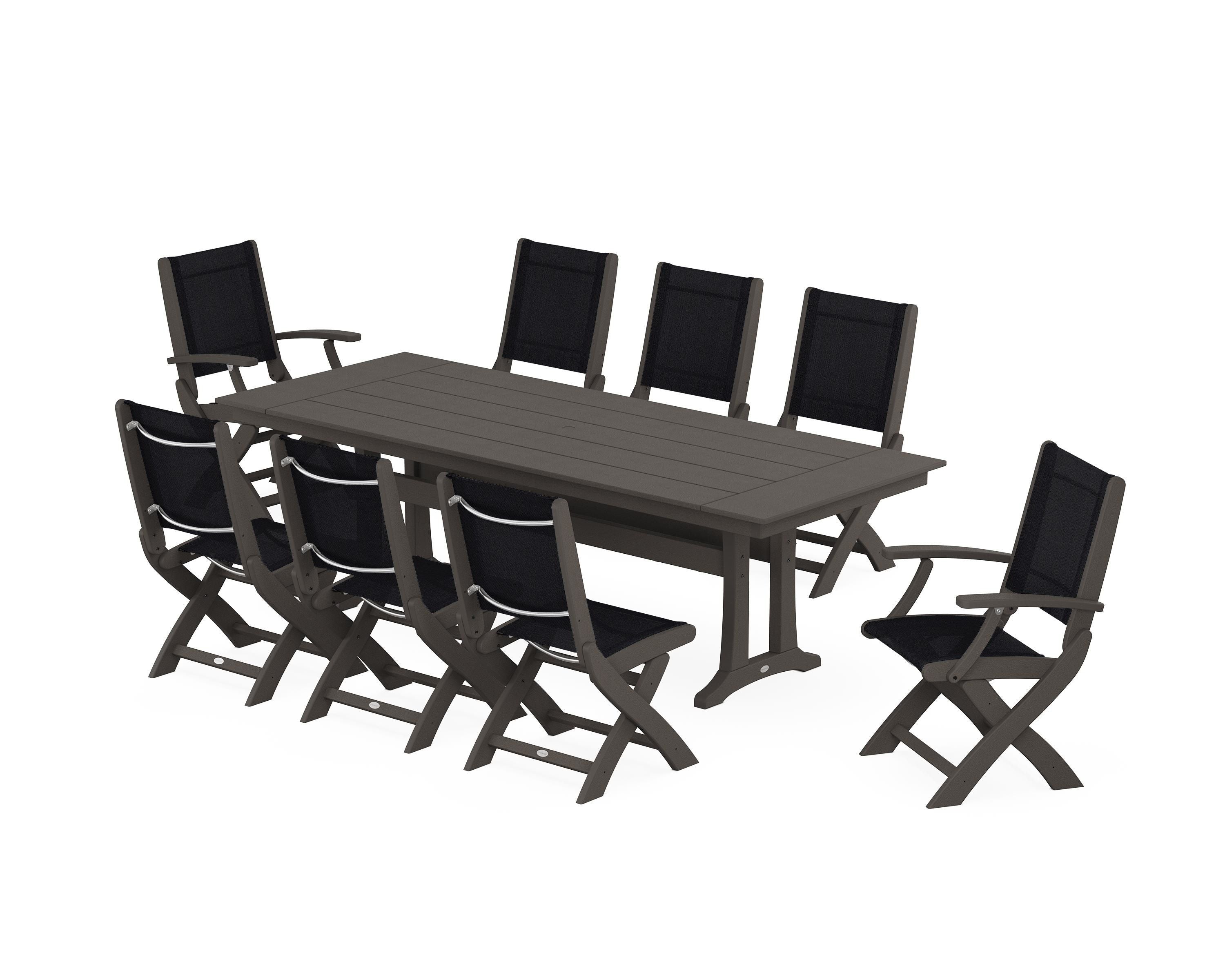 POLYWOOD Coastal 9-Piece Folding Dining Chair Farmhouse Dining Set with Trestle Legs in Vintage Coffee / Black Sling