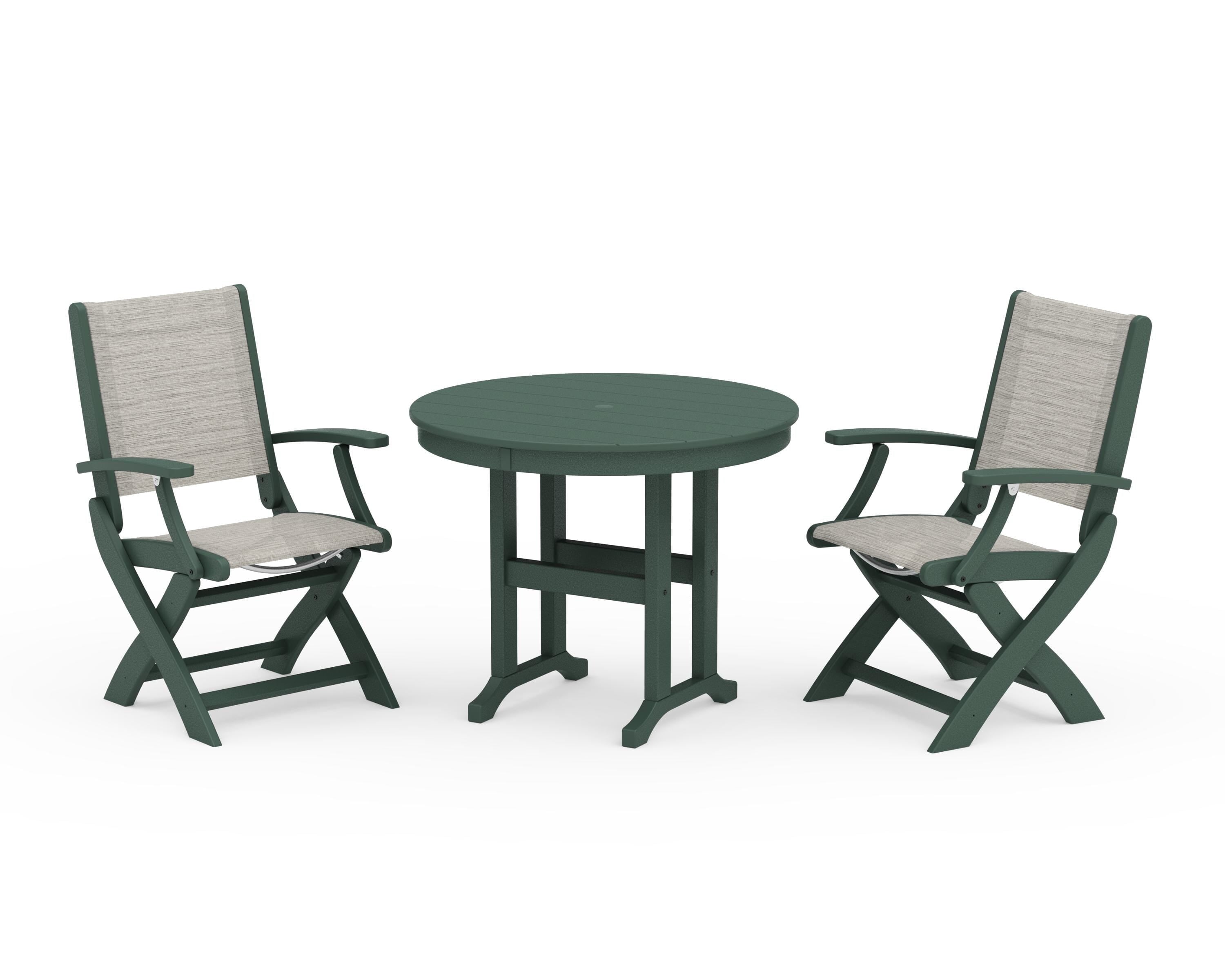 POLYWOOD Coastal Folding Chair 3-Piece Round Dining Set in Green / Birch Sling