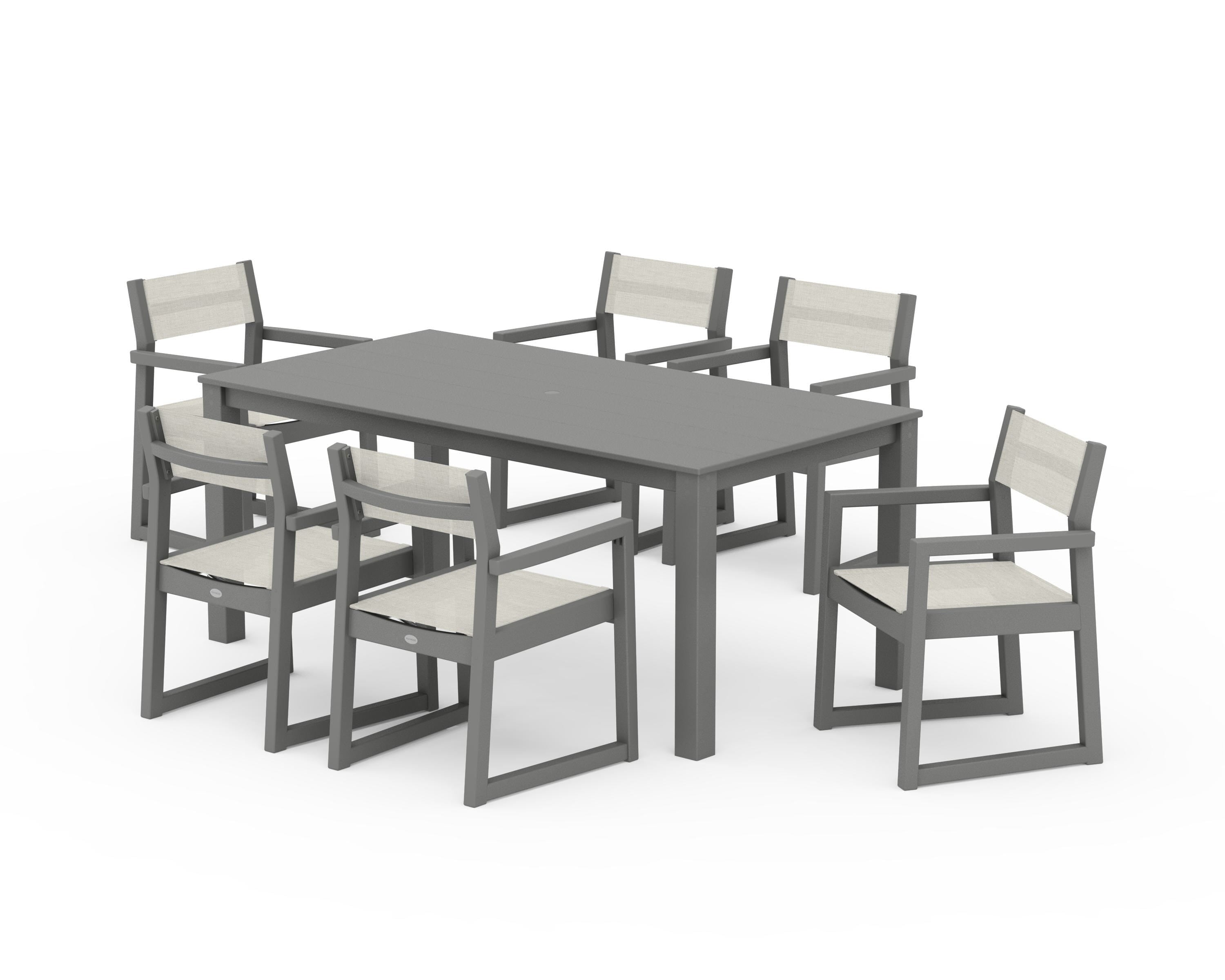 POLYWOOD EDGE Sling Arm Chair 7-Piece Parsons Dining Set in Slate Grey / Parchment Sling