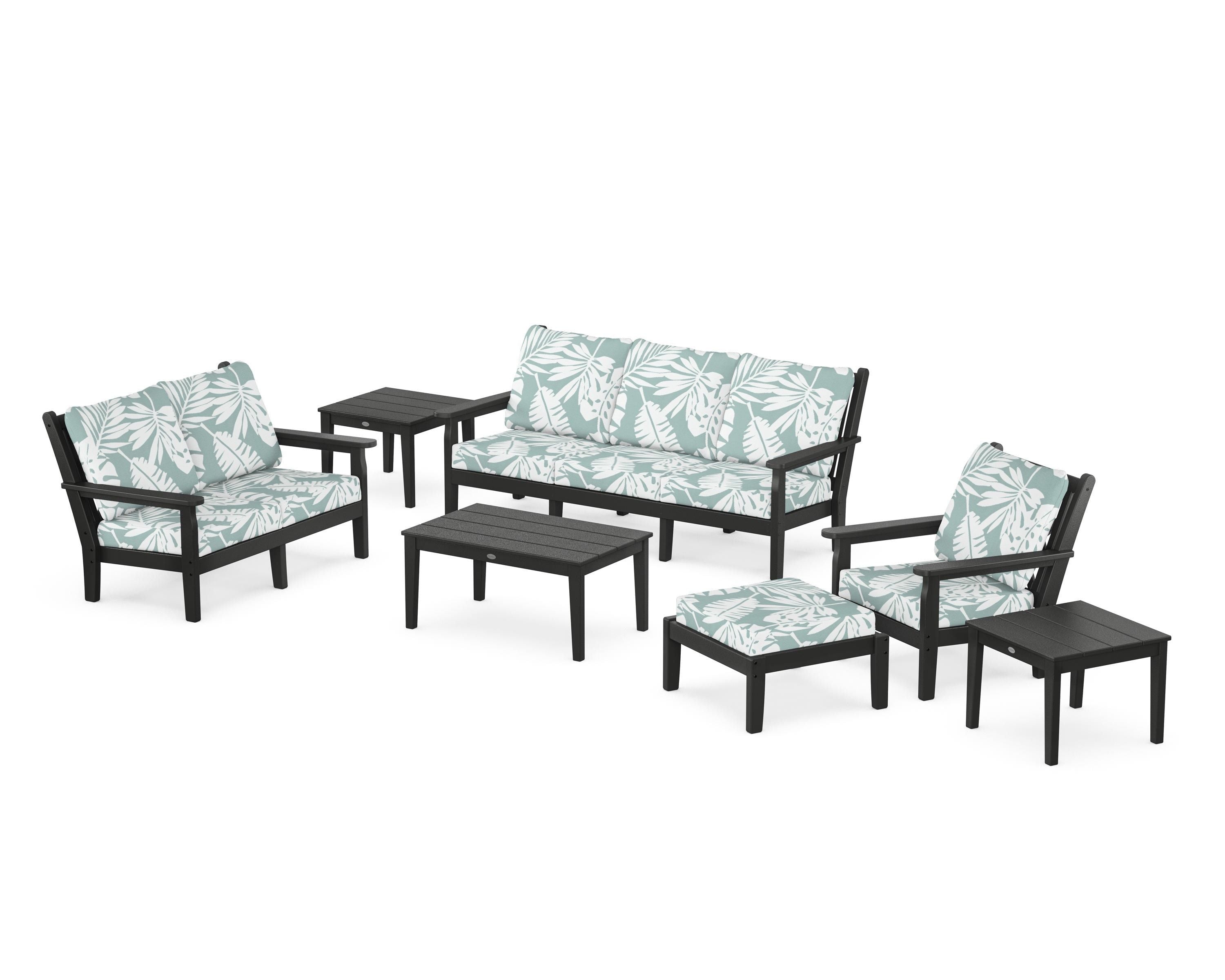 POLYWOOD Chippendale 7-Piece Deep Seating Set in Black / Leaf Glacier Spa