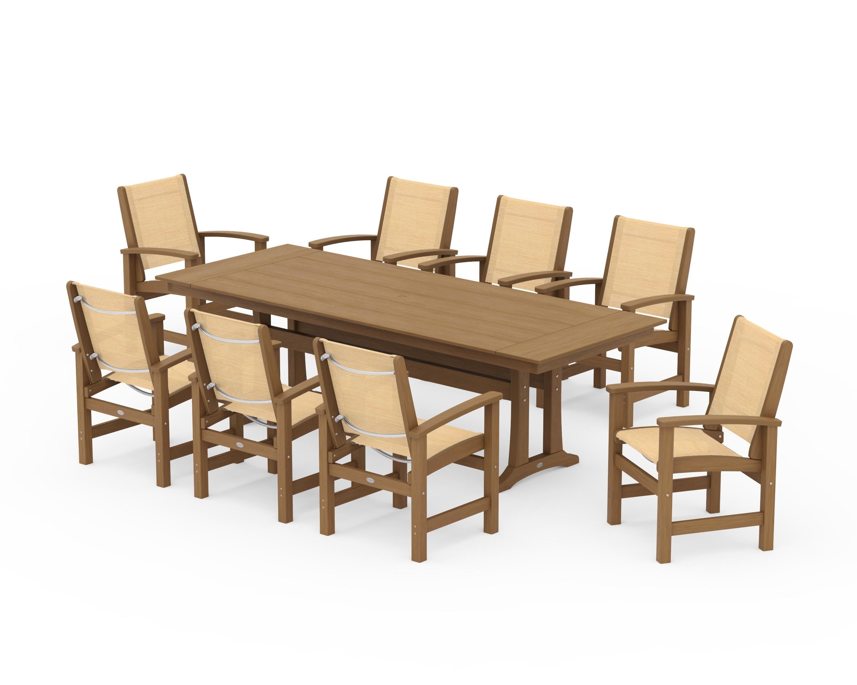 POLYWOOD Coastal 9-Piece Farmhouse Dining Set with Trestle Legs in Natural / Dupioni Apricot Sling