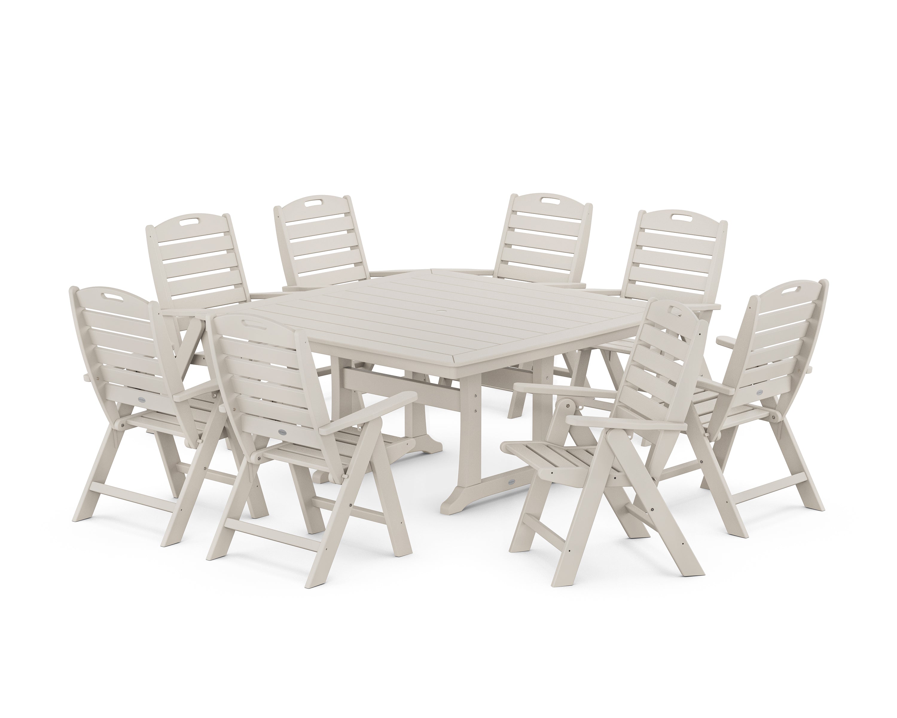 POLYWOOD Nautical Highback 9-Piece Square Dining Set with Trestle Legs in Sand