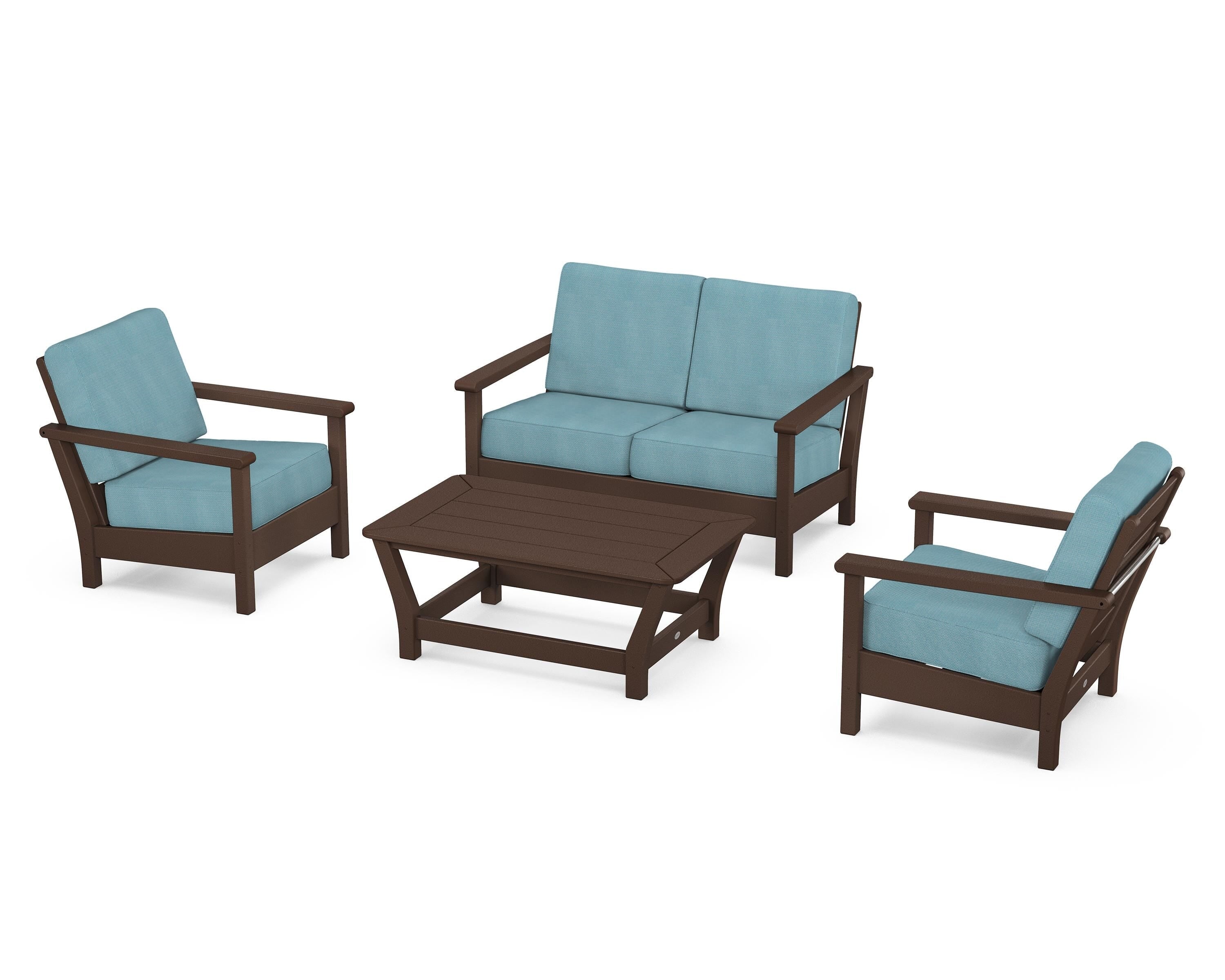 POLYWOOD Harbour 4-Piece Deep Seating Set in Mahogany / Lattice Sky Blue