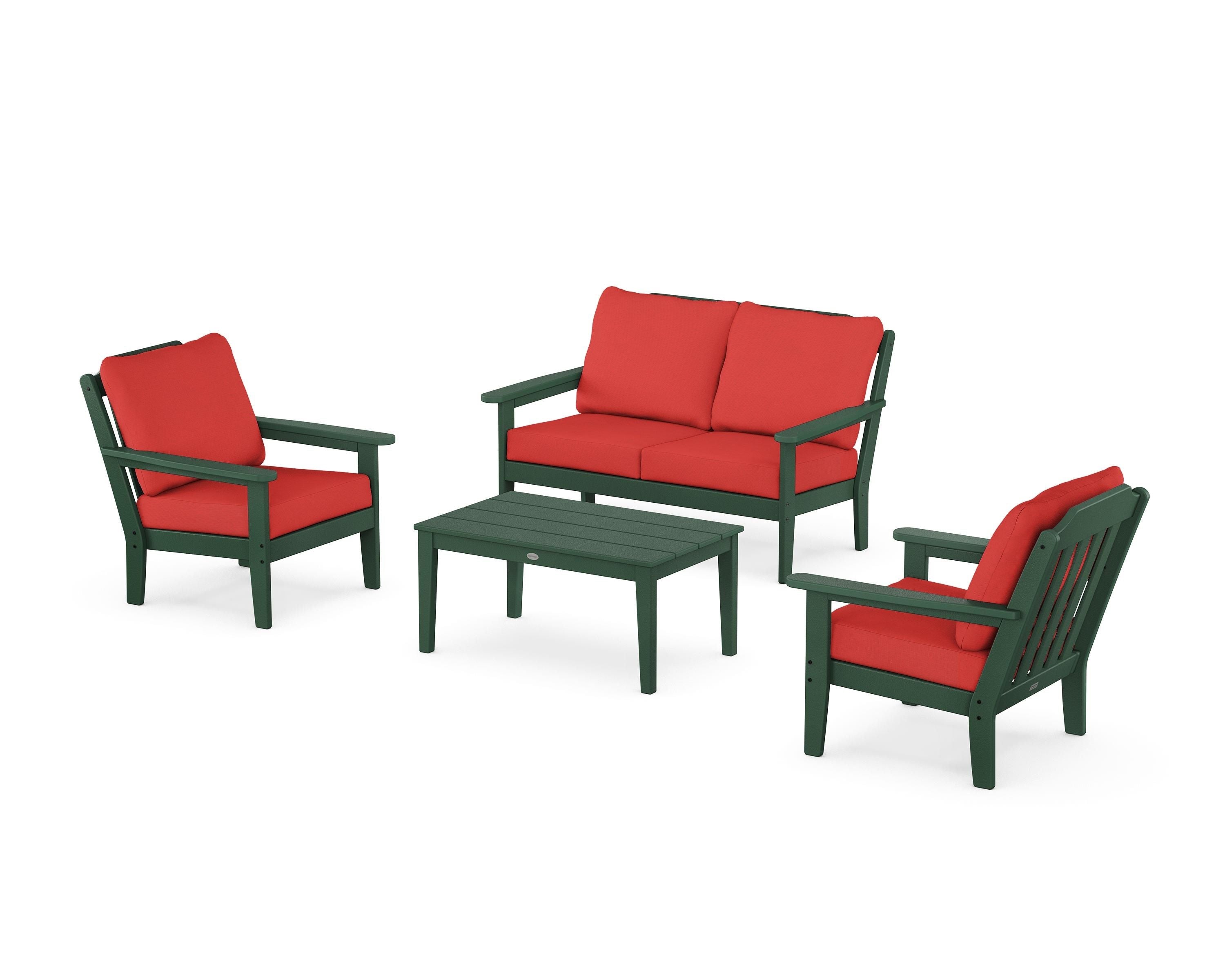 Country Living Cottage 4-Piece Deep Seating Set with Loveseat in Green / Crimson Linen