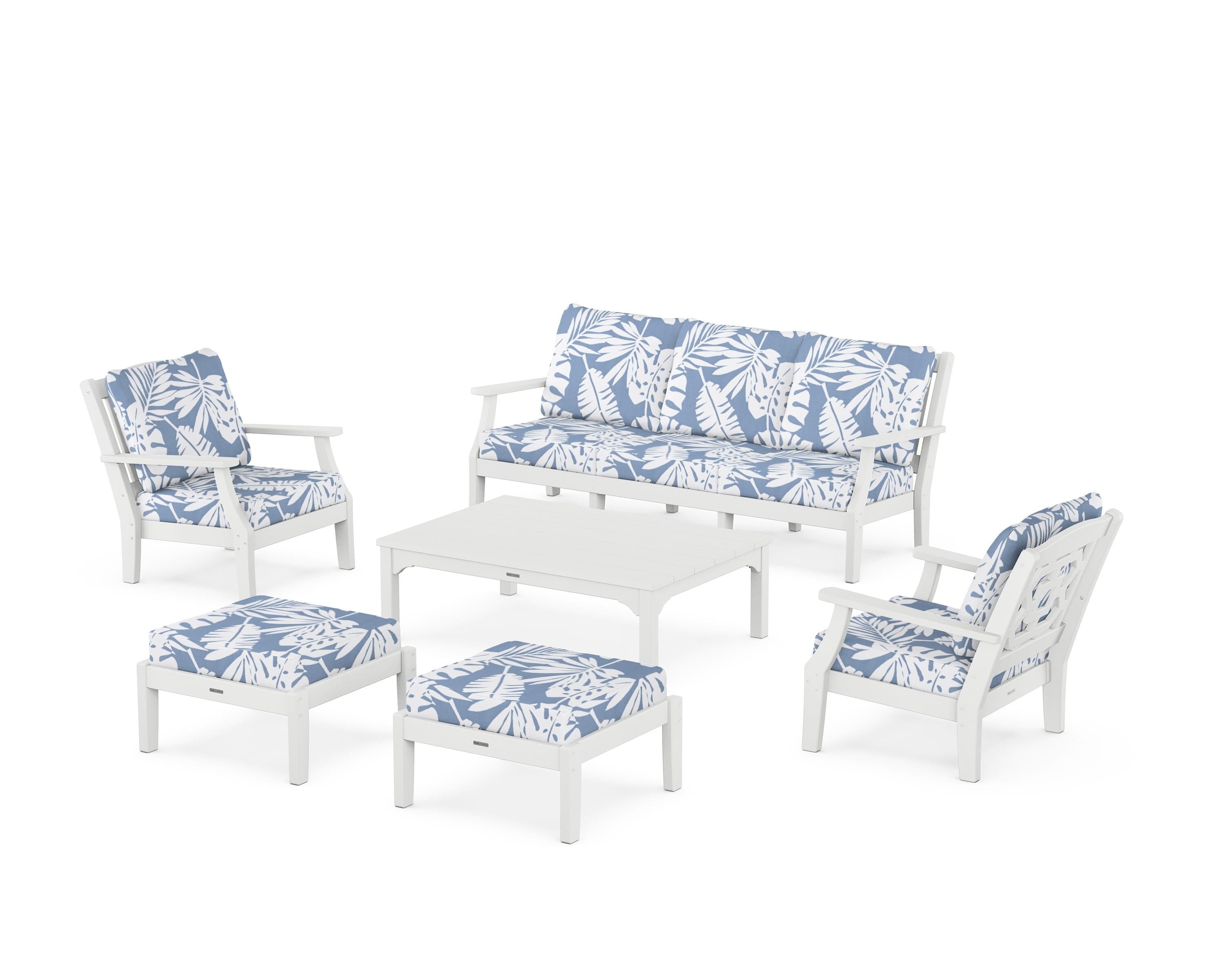 Martha Stewart by POLYWOOD Chinoiserie 6-Piece Lounge Sofa Set in White / Leaf Sky Blue