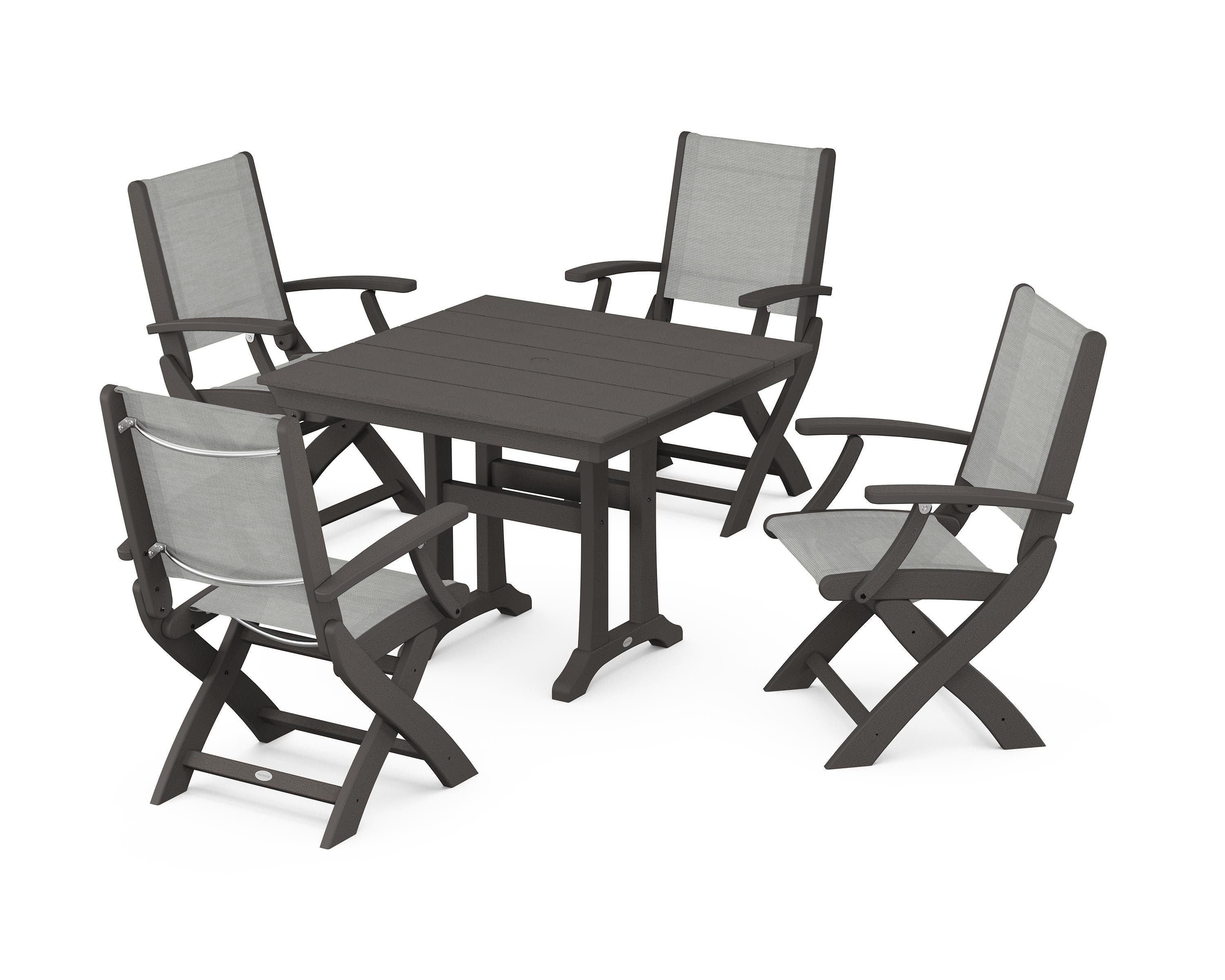 POLYWOOD Coastal Folding Chair 5-Piece Farmhouse Dining Set With Trestle Legs in Vintage Coffee / Metallic Sling