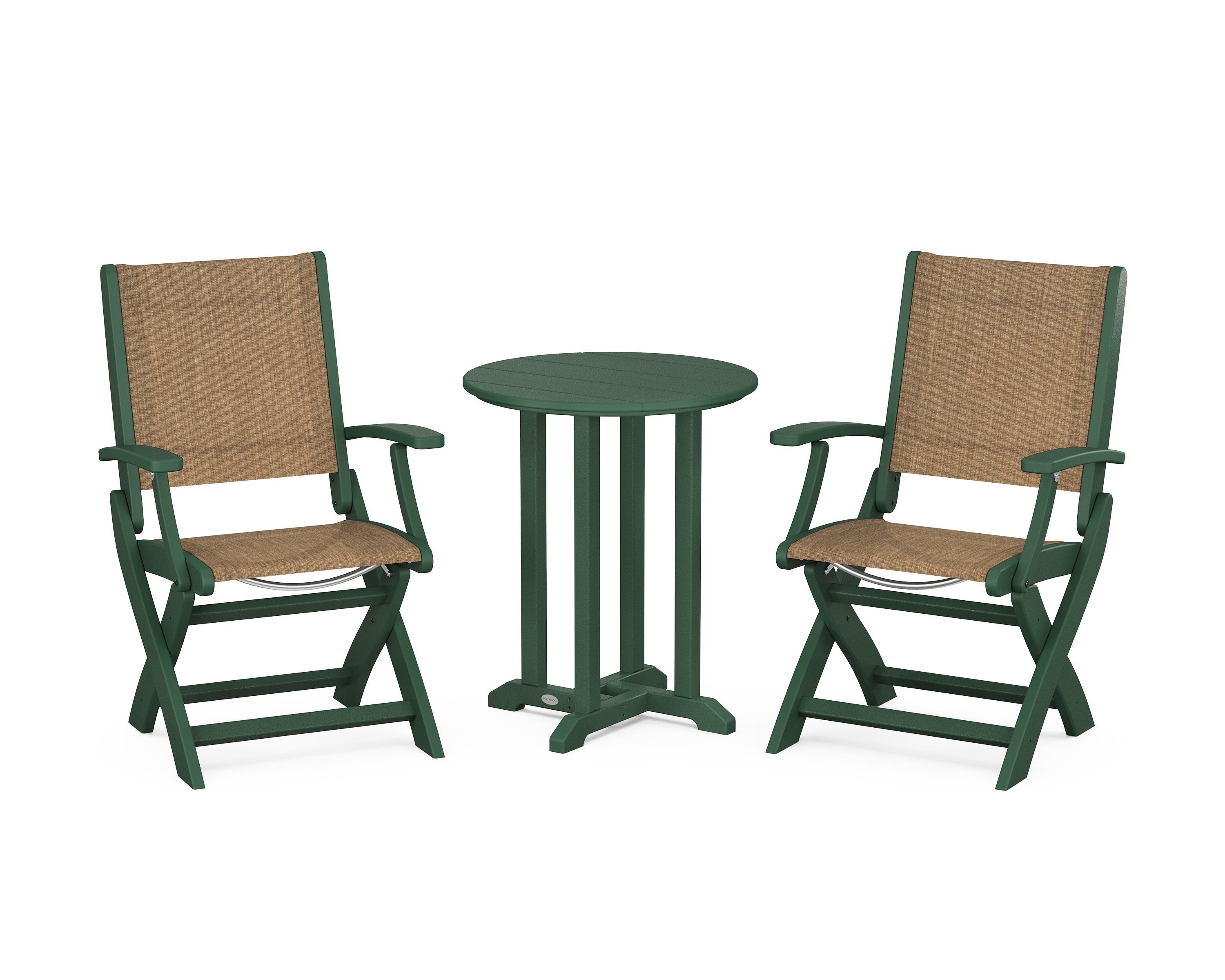 POLYWOOD Coastal Folding 3-Piece Round Bistro Dining Set in Green / Burlap Sling