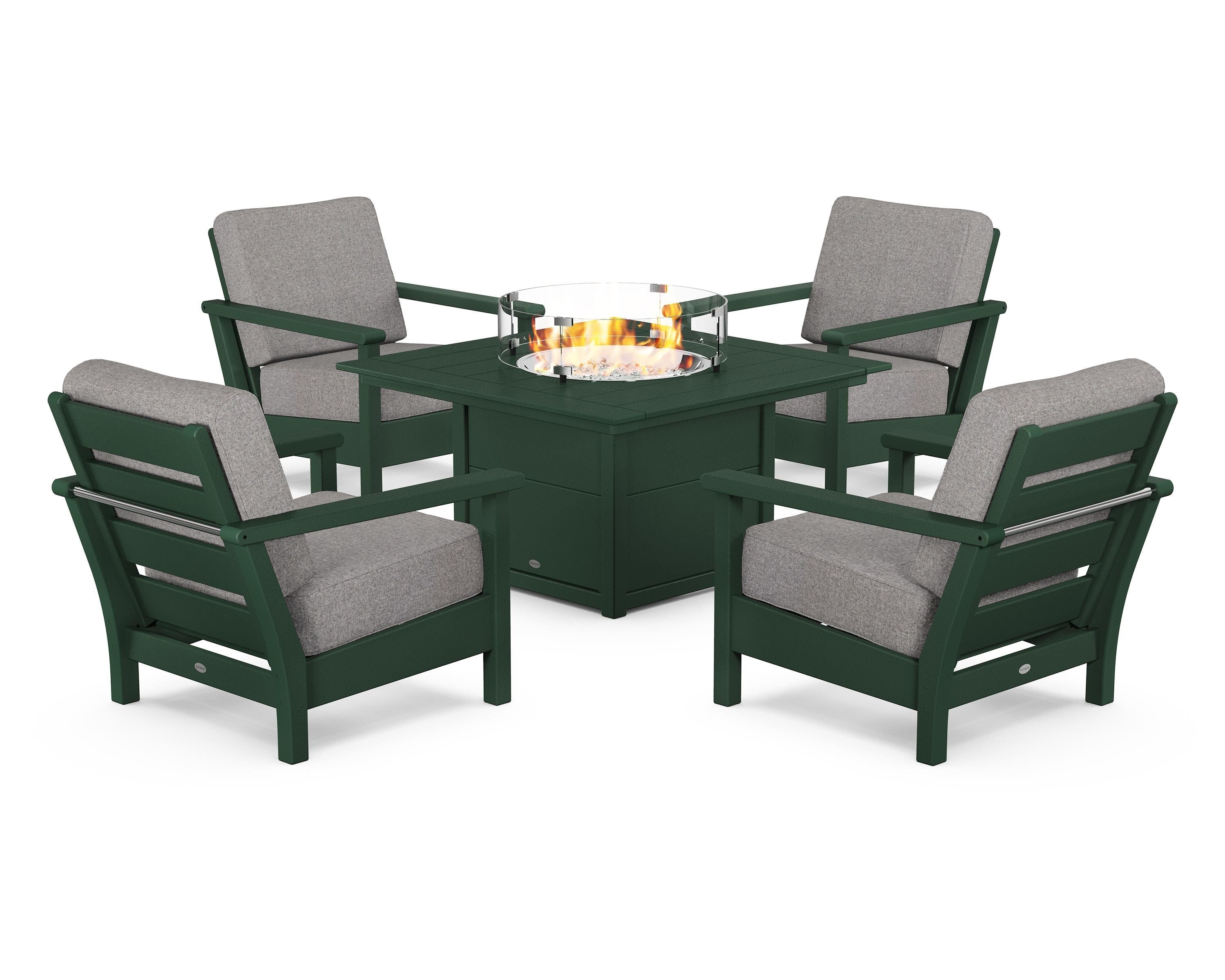 POLYWOOD Harbour 5-Piece Conversation Set with Fire Pit Table in Green / Grey Mist