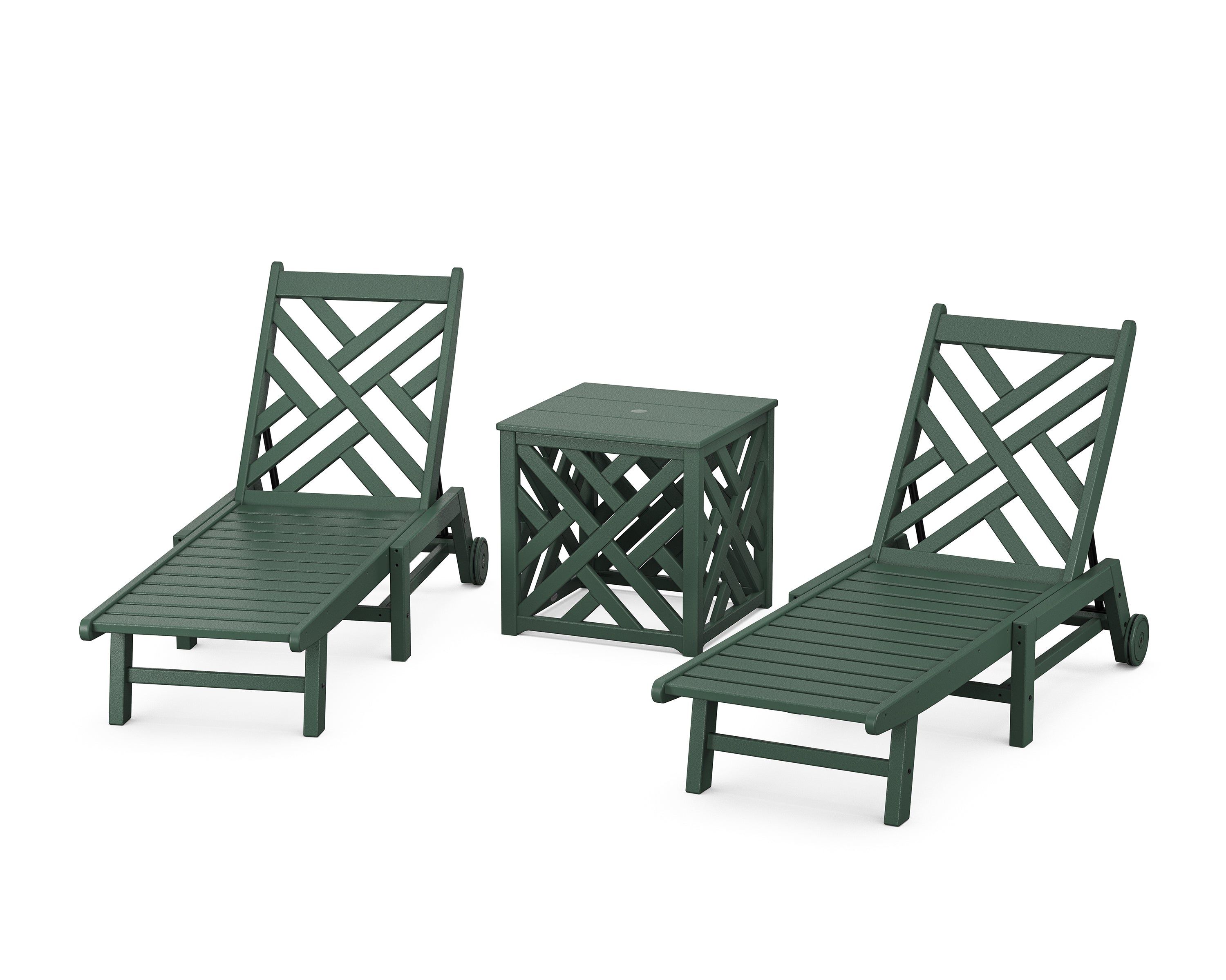 POLYWOOD Chippendale 3-Piece Chaise Set with Wheels and Umbrella Stand Accent Table in Green