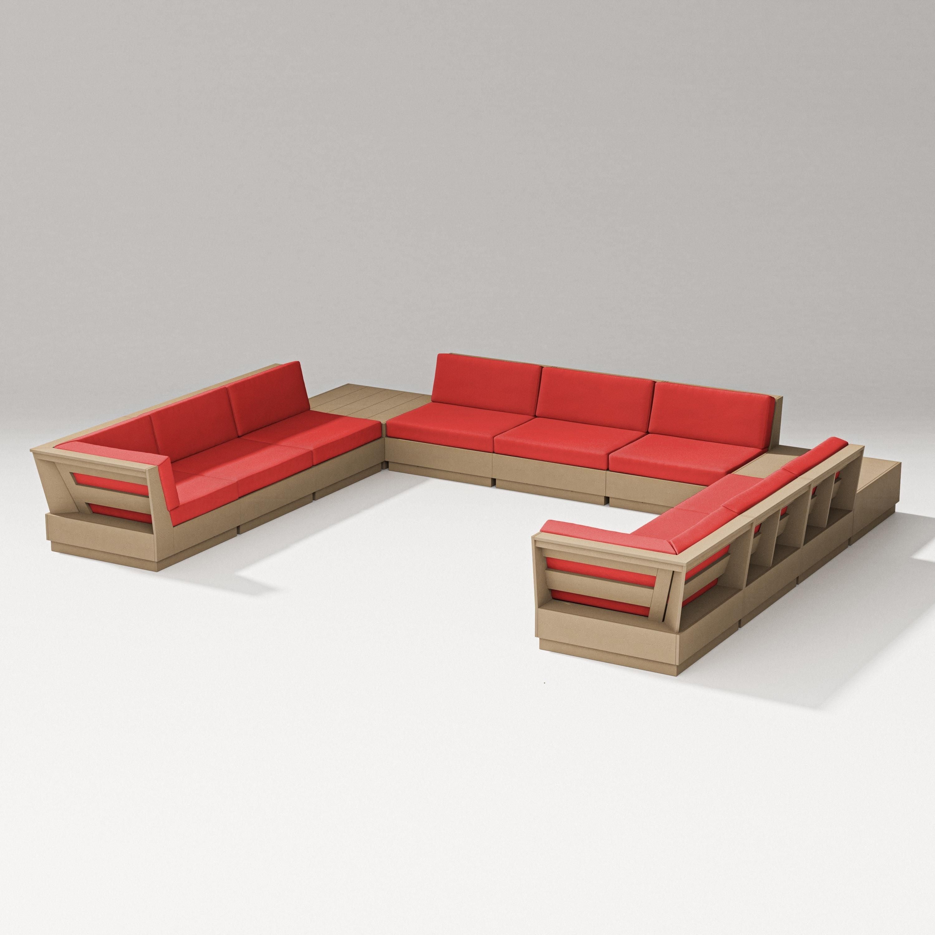PW Designer Series Elevate 11-Piece U-Shaped Sofa Sectional in Vintage Sahara / Crimson Linen