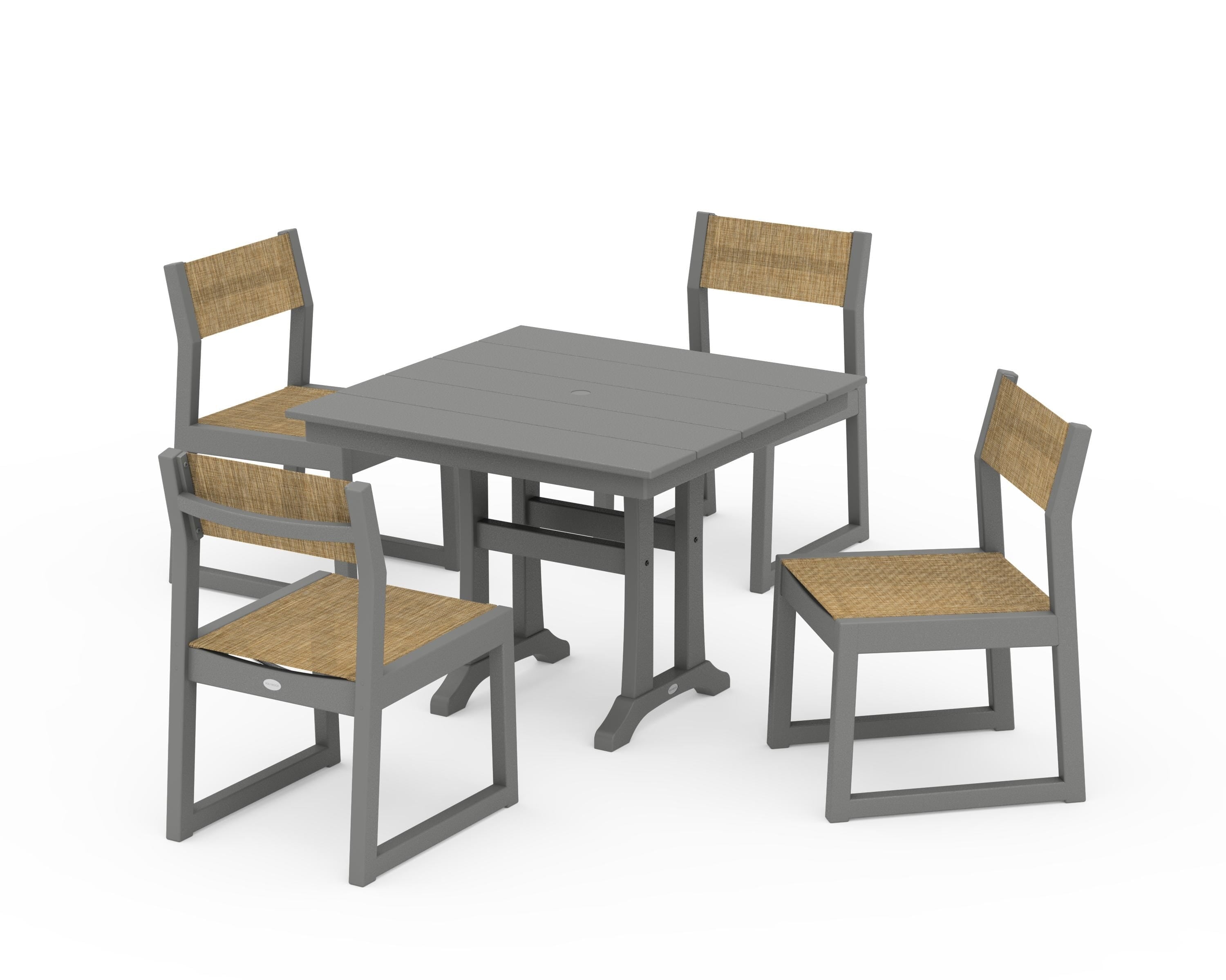 POLYWOOD EDGE Sling 5-Piece Farmhouse Trestle Side Chair Dining Set in Slate Grey / Burlap Sling