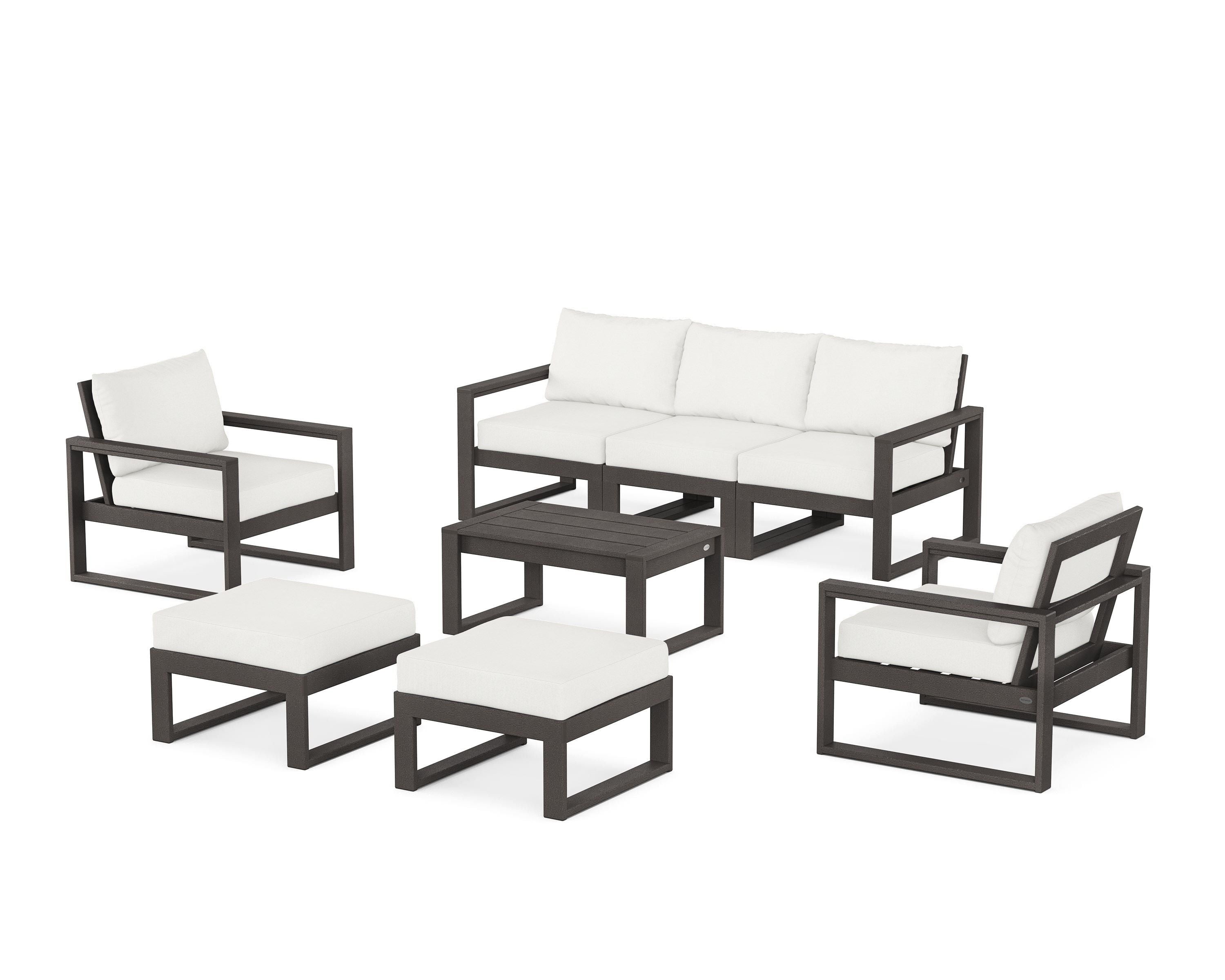 POLYWOOD EDGE Sectional 8-Piece Lounge Sofa Set in Vintage Coffee / Natural Linen