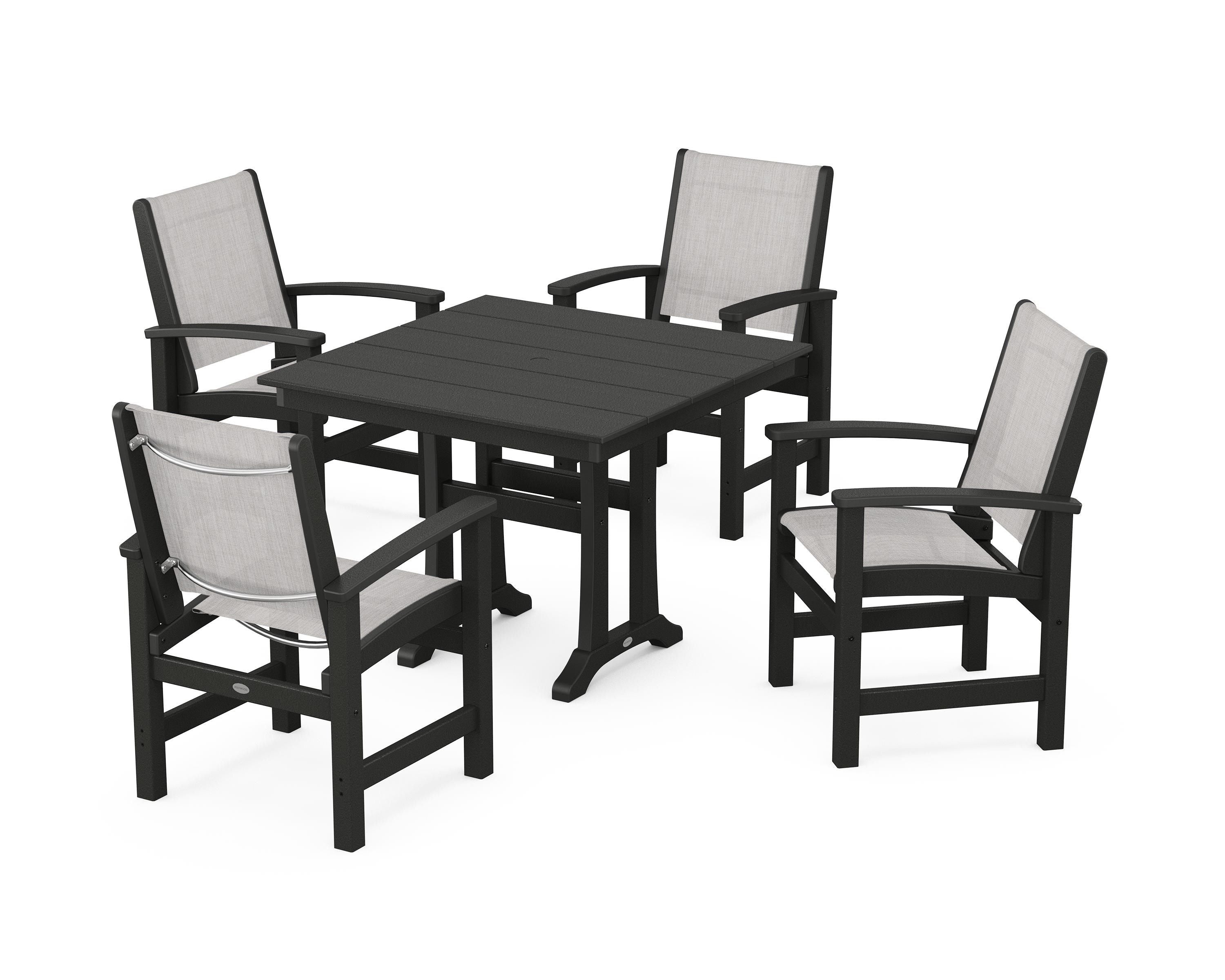 POLYWOOD Coastal 5-Piece Farmhouse Dining Set With Trestle Legs in Black / Parchment Sling