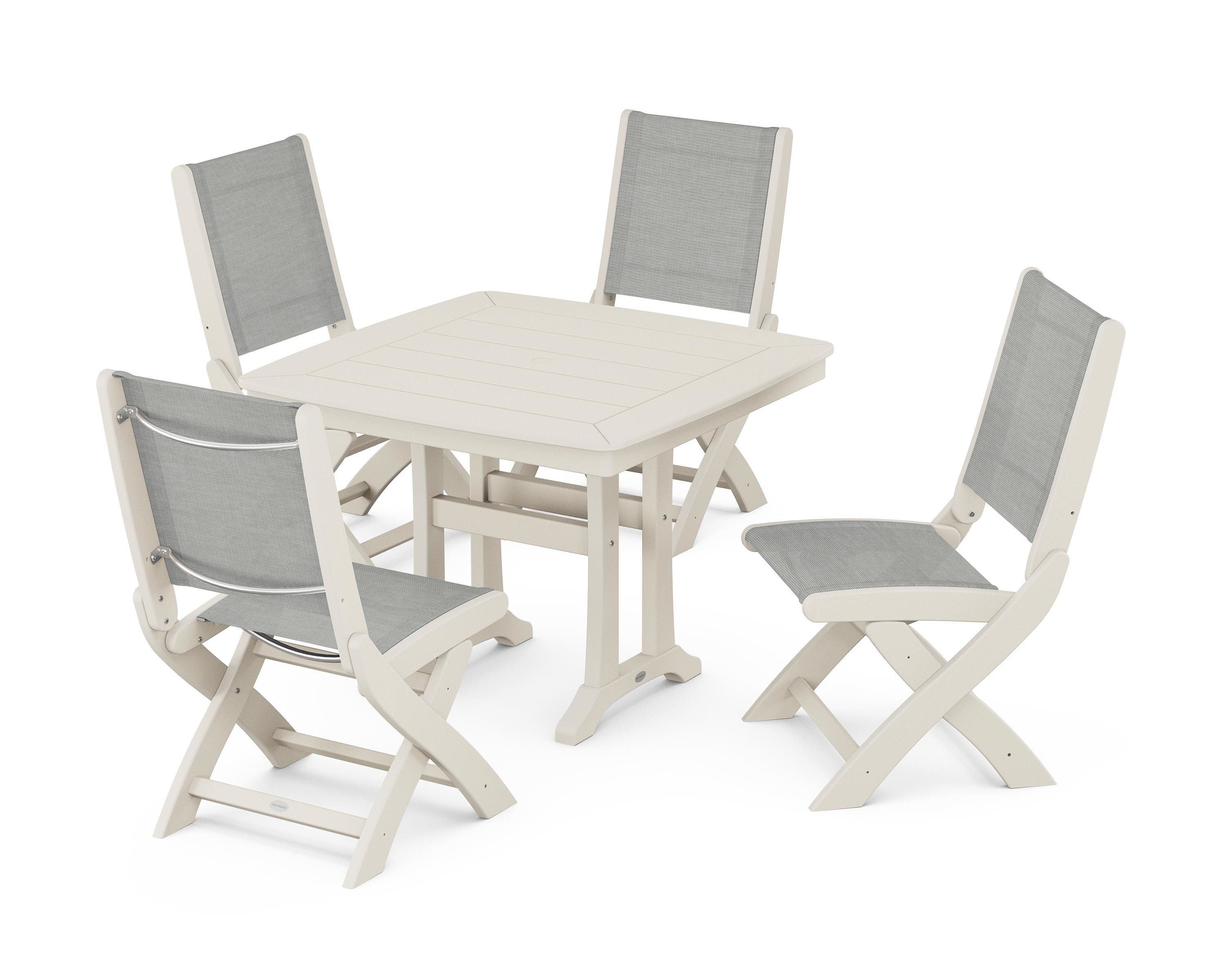 POLYWOOD Coastal Folding Side Chair 5-Piece Dining Set with Trestle Legs in Sand / Metallic Sling