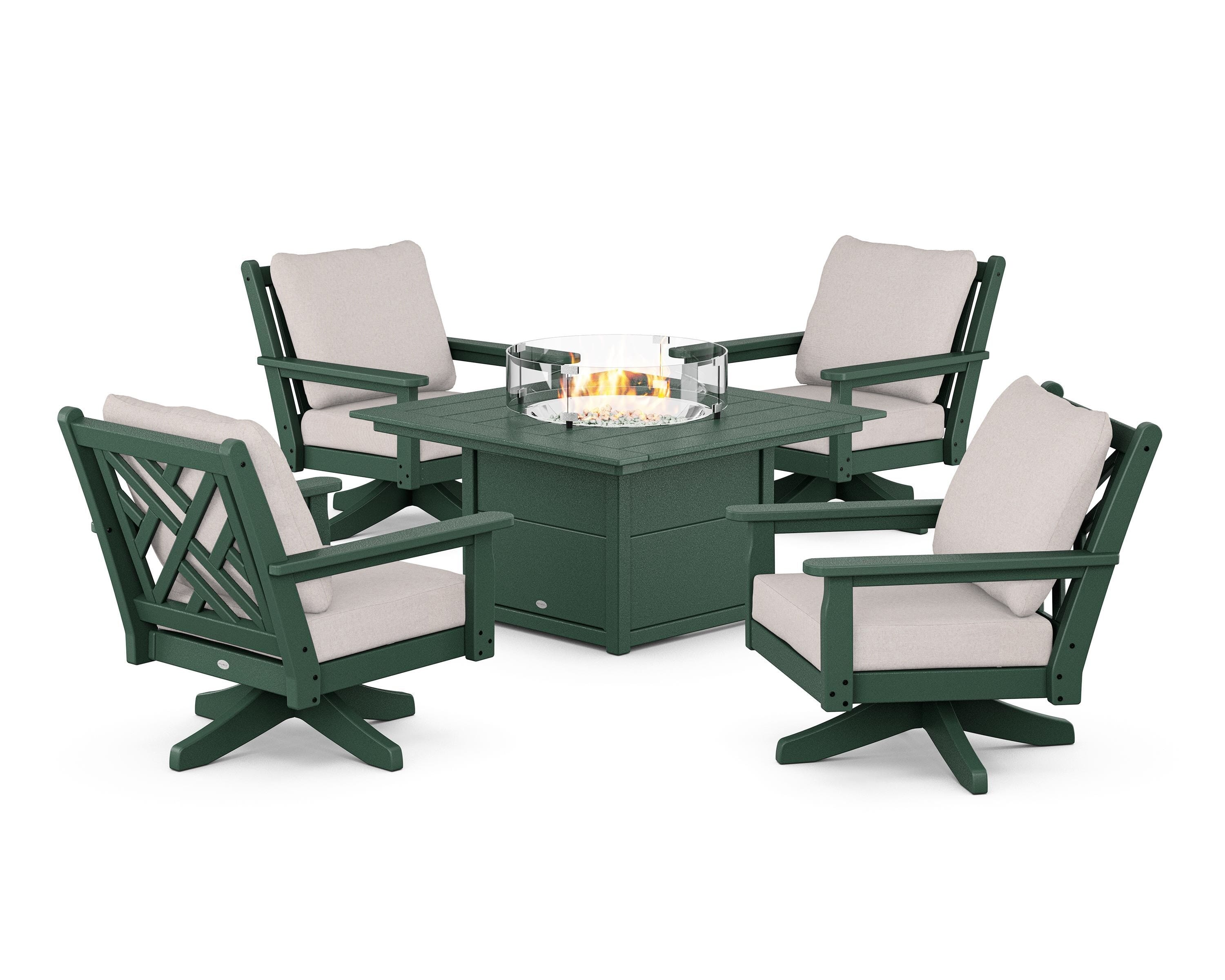 POLYWOOD Chippendale 5-Piece Deep Seating Swivel Conversation Set with Fire Pit Table in Green / Dune Burlap