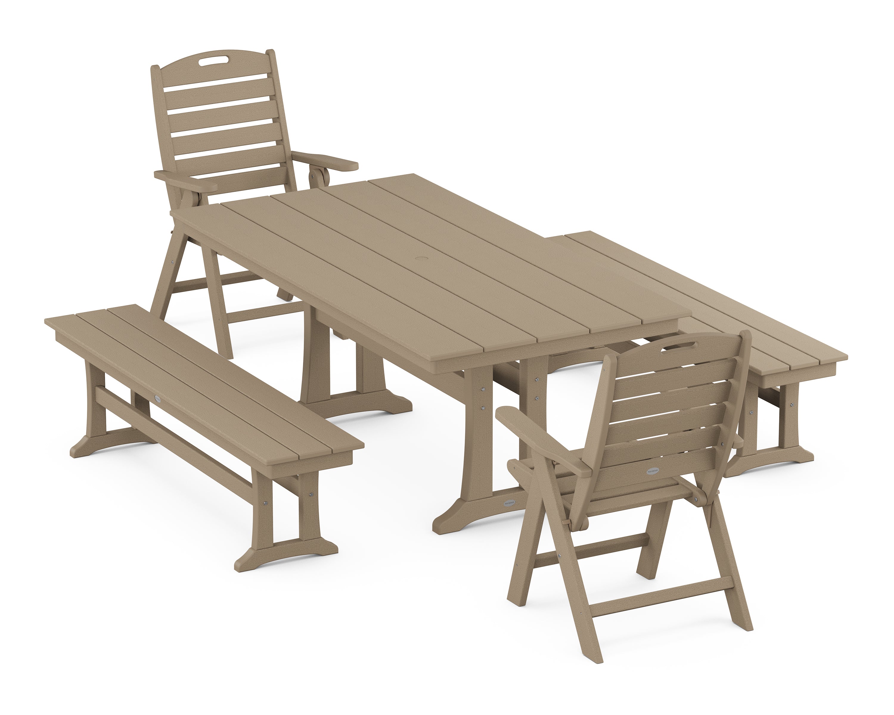 POLYWOOD® Nautical Folding Highback Chair 5-Piece Farmhouse Dining Set With Trestle Legs and Benches in Vintage Sahara