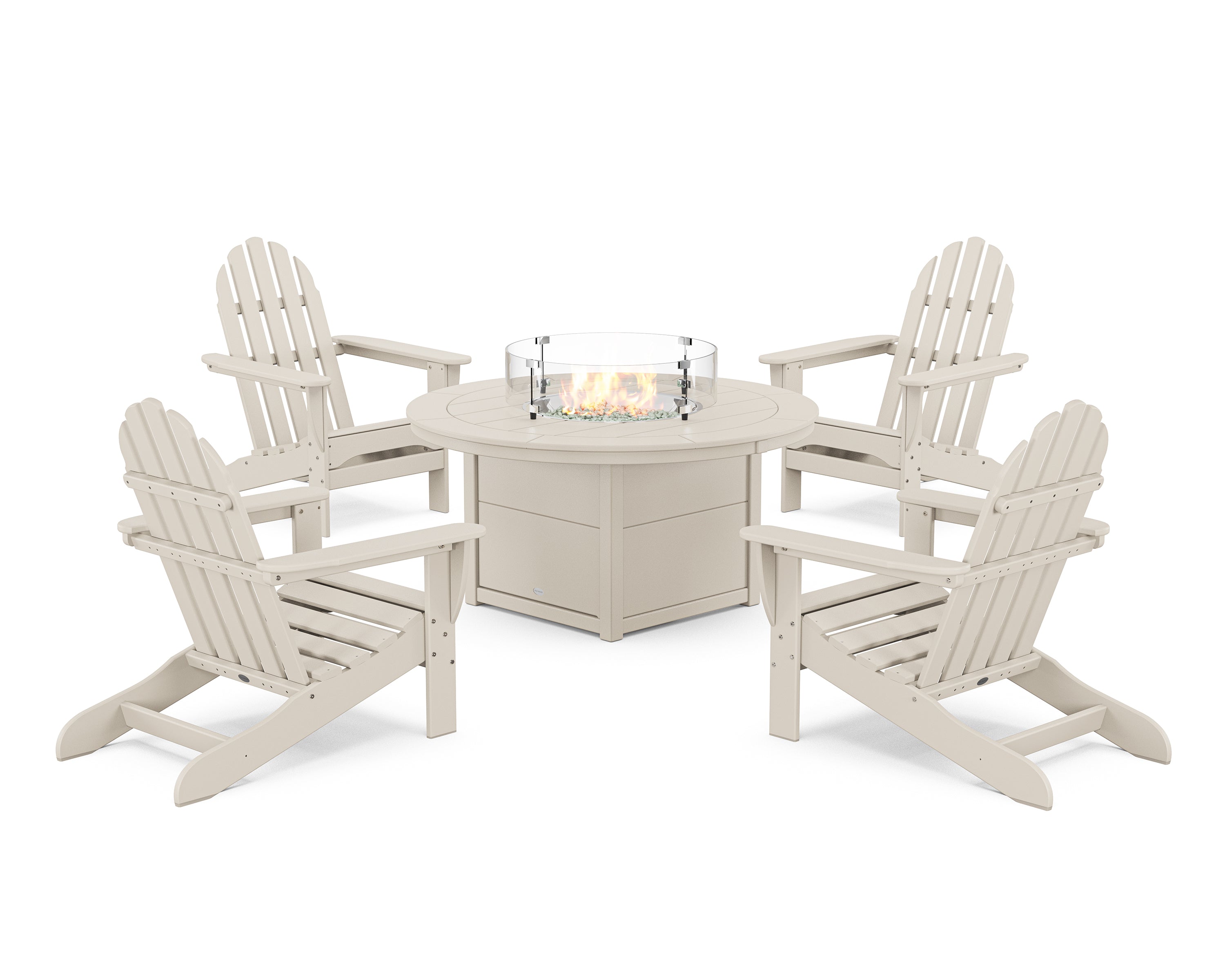 POLYWOOD® Classic Adirondack 5-Piece Conversation Set with Fire Pit Table in Sand