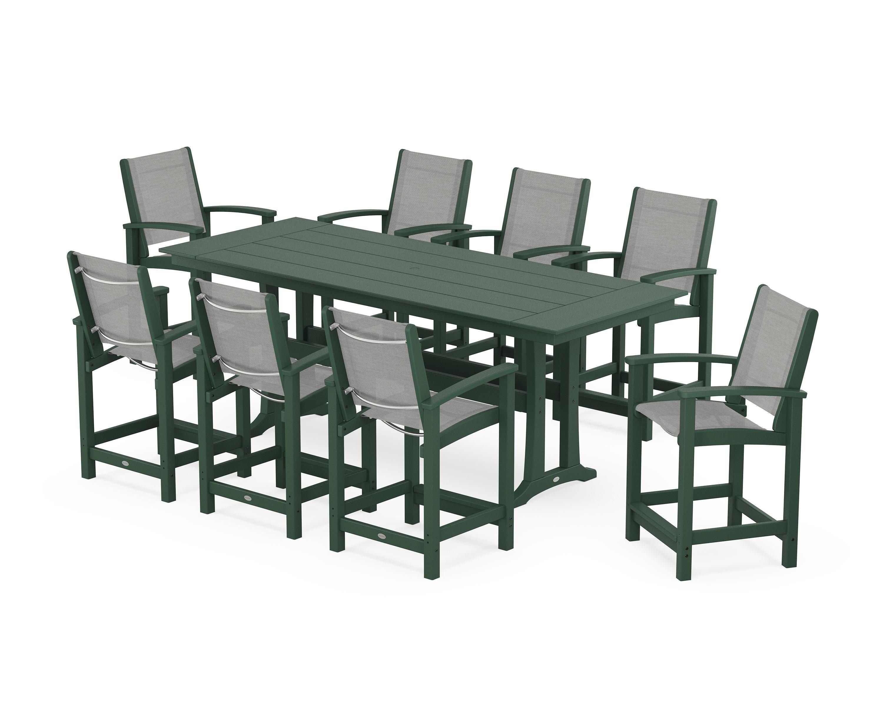 POLYWOOD Coastal 9-Piece Farmhouse Counter Set with Trestle Legs in Green / Metallic Sling