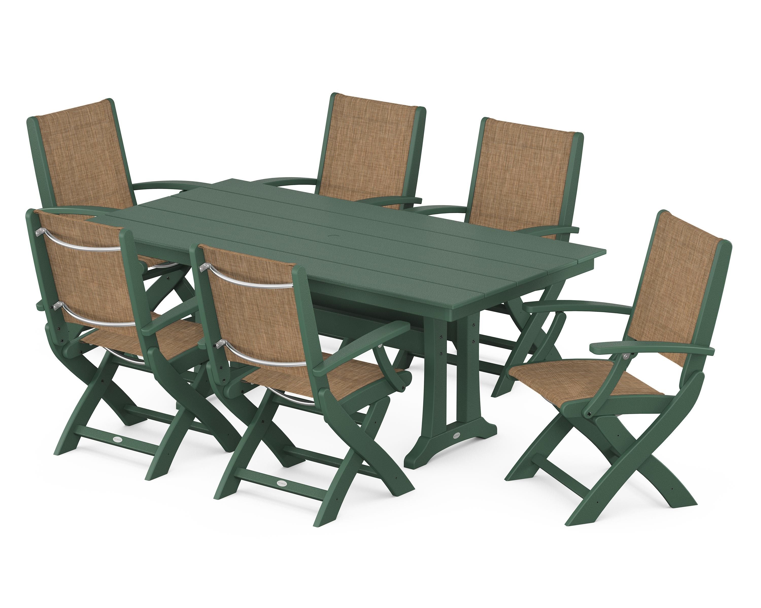 POLYWOOD Coastal Folding Arm Chair 7-Piece Farmhouse Dining Set with Trestle Legs in Green / Burlap Sling