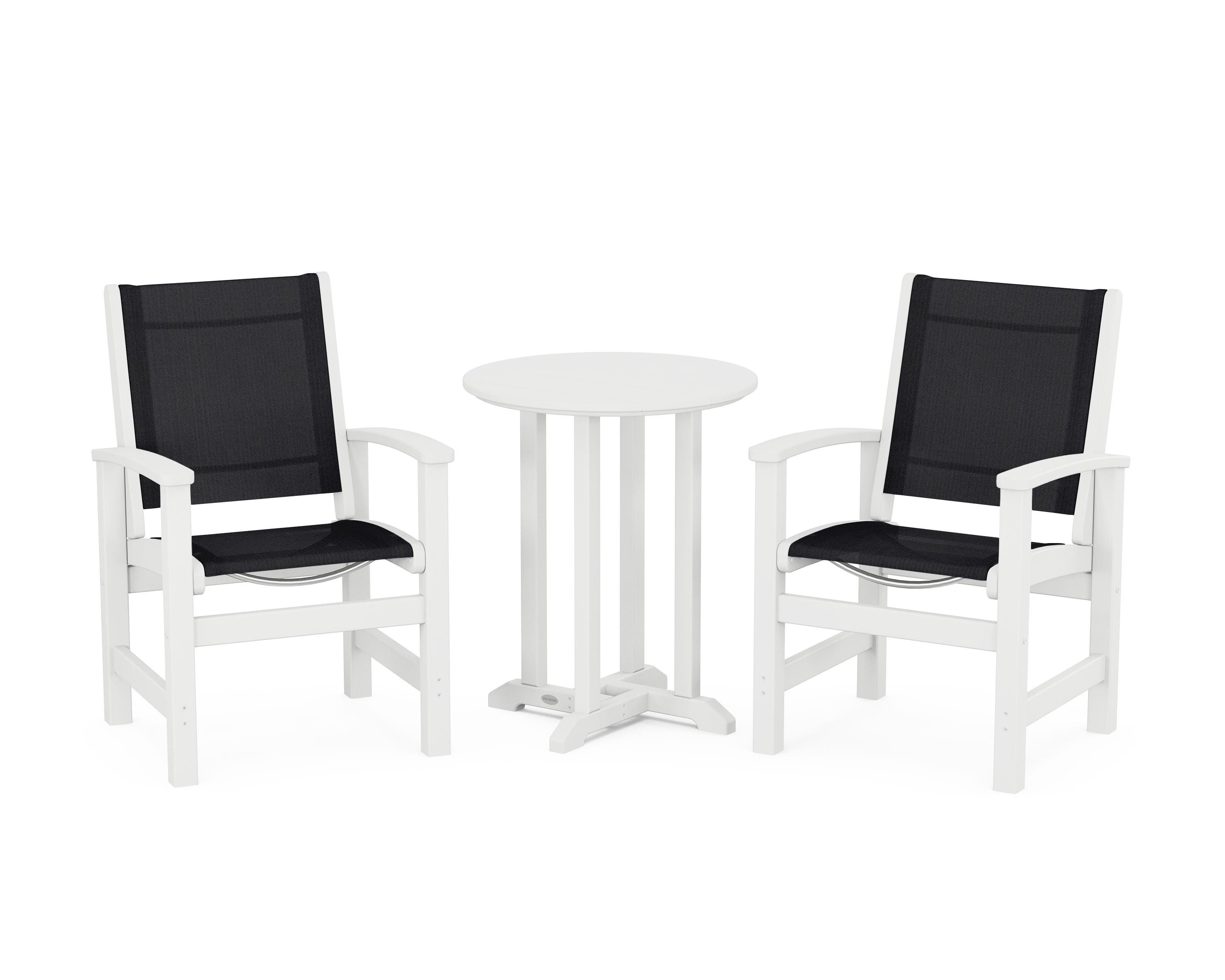 POLYWOOD Coastal 3-Piece Round Bistro Dining Set in White / Black Sling
