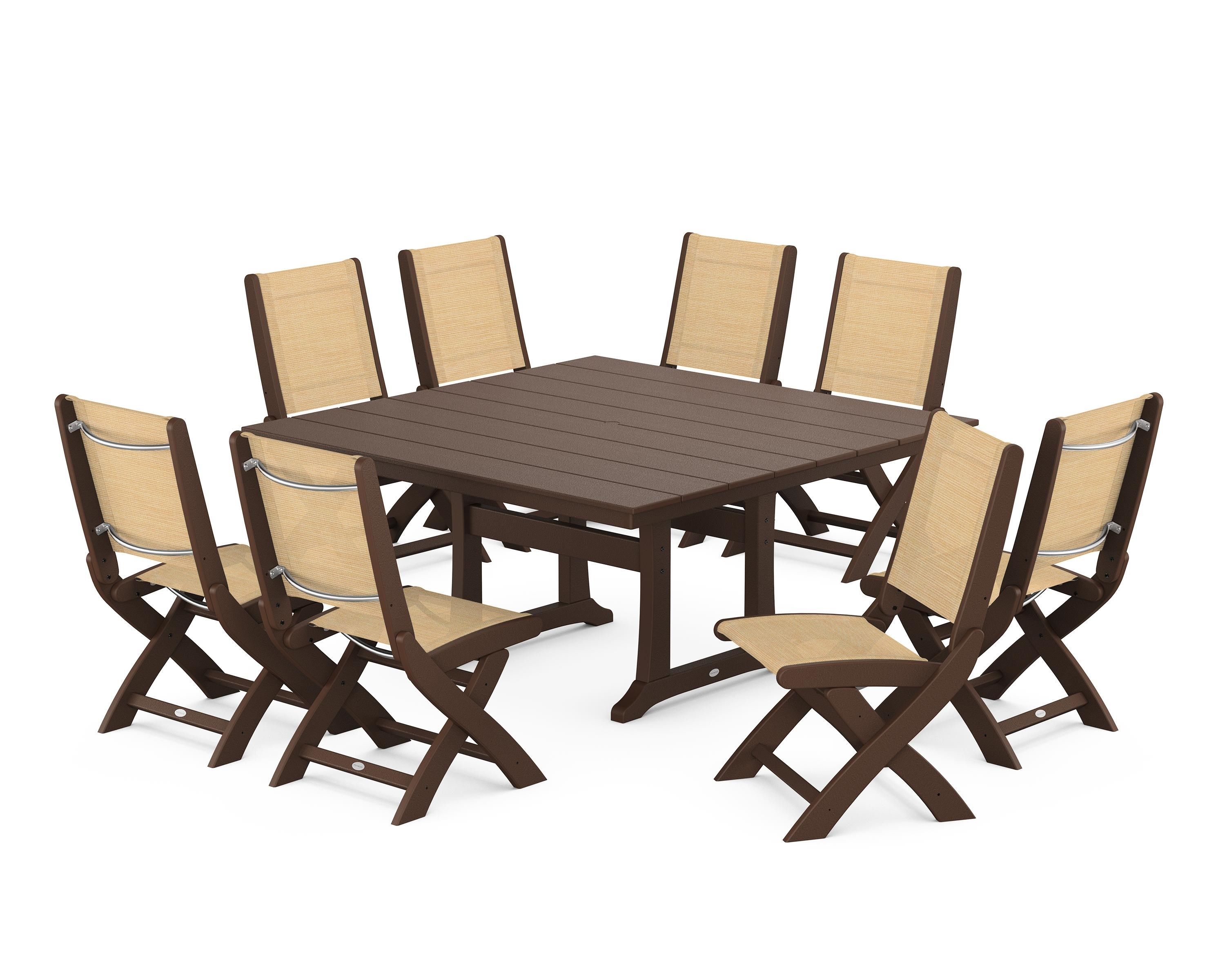 POLYWOOD Coastal Folding Side Chair 9-Piece Farmhouse Dining Set in Mahogany / Dupioni Apricot Sling