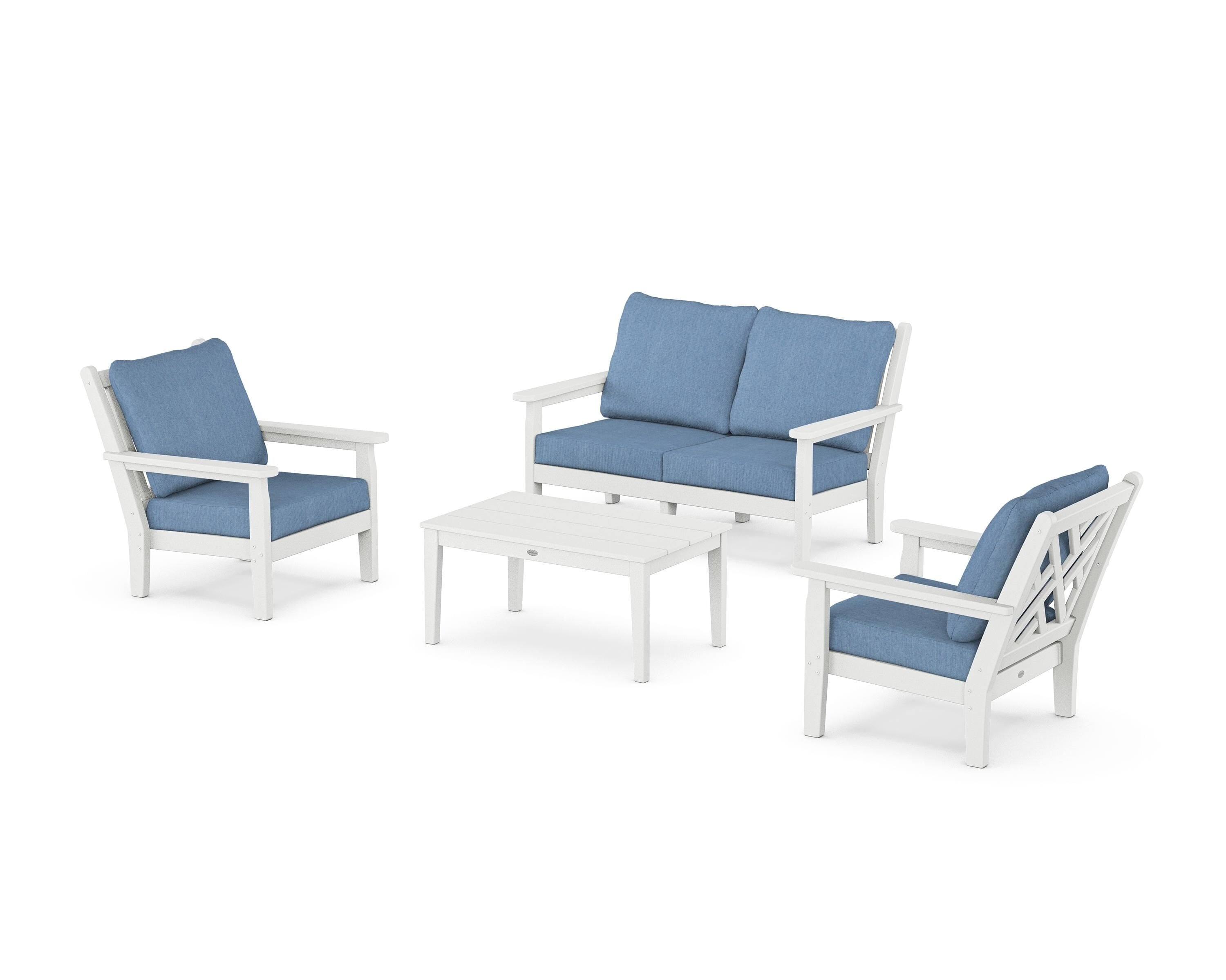 POLYWOOD Chippendale 4-Piece Deep Seating Set with Loveseat in White / Sky Blue