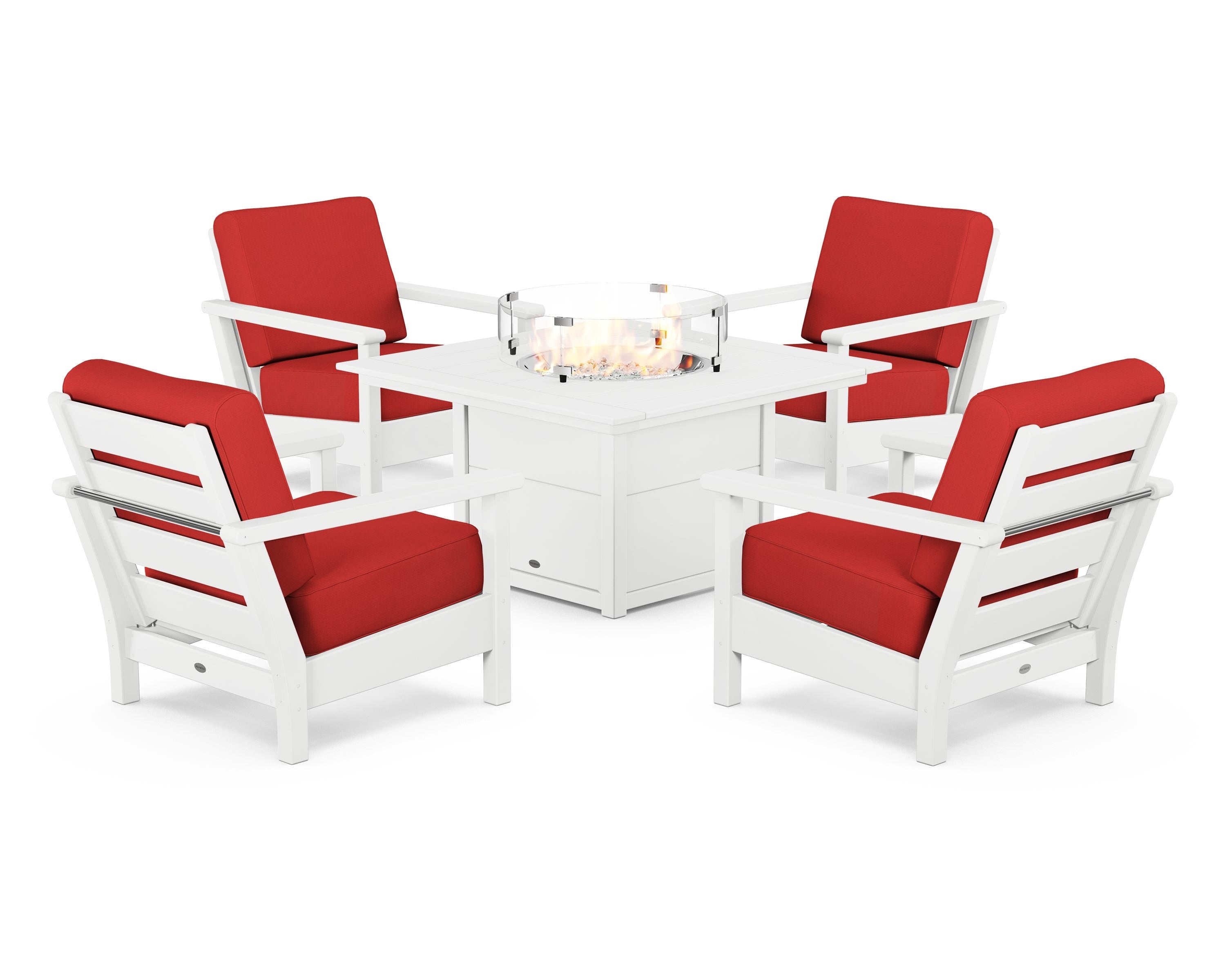 POLYWOOD Harbour 5-Piece Conversation Set with Fire Pit Table in White / Crimson Linen